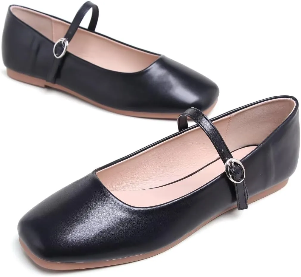 TN TANGNEST Women's Leather Flats Comfortable Square Toe Dress Flats Retro Soft Mary Jane Flats