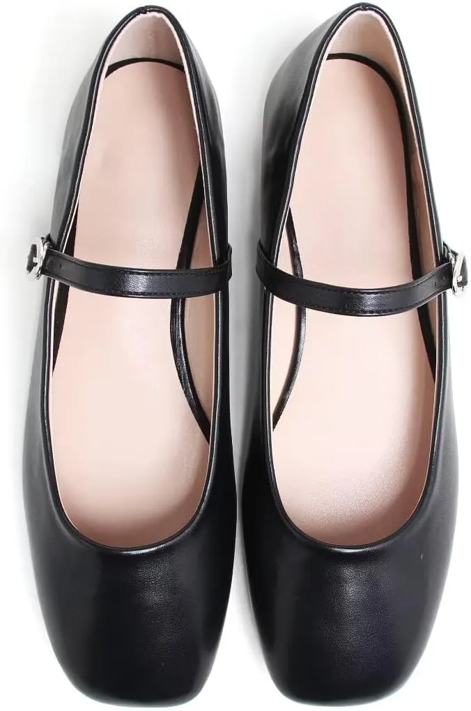 TN TANGNEST Women's Leather Flats Comfortable Square Toe Dress Flats Retro Soft Mary Jane Flats