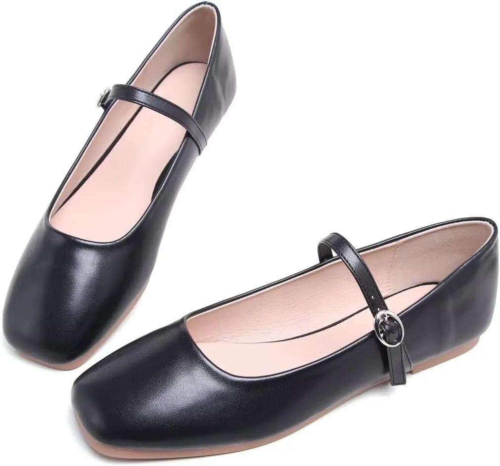 TN TANGNEST Women's Leather Flats Comfortable Square Toe Dress Flats Retro Soft Mary Jane Flats