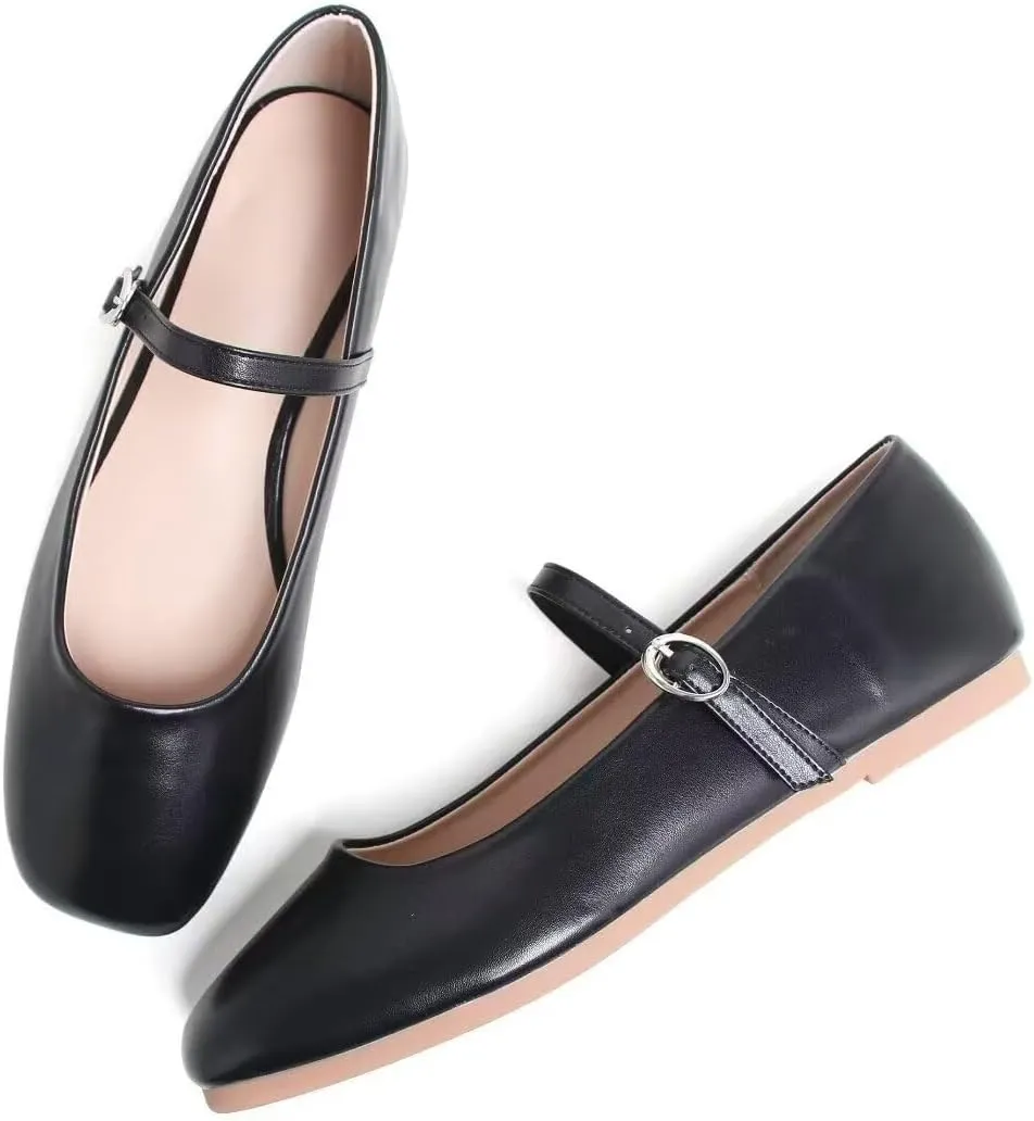 TN TANGNEST Women's Leather Flats Comfortable Square Toe Dress Flats Retro Soft Mary Jane Flats