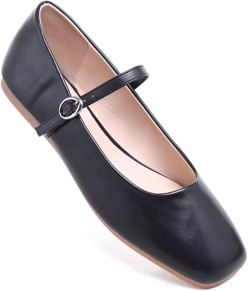 TN TANGNEST Women's Leather Flats Comfortable Square Toe Dress Flats Retro Soft Mary Jane Flats