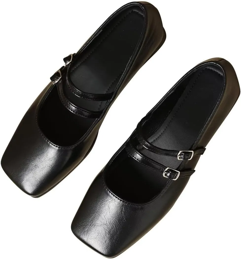 TN TANGNEST Women's Mary Jane Flats Fashion Square Toe Slip On Buckle Flats Soft Comfortable Casual Flat Shoes