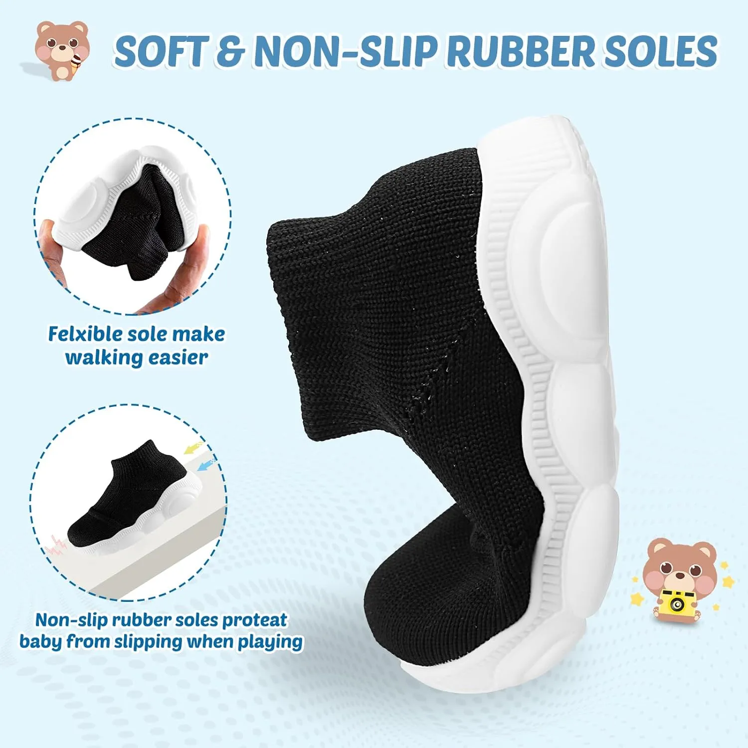Toddler First Walking Safer Non-Slip Lightweight Wide Tennis Shoes Baby Slip on Breathable Sock Sneakers Infant Mesh Knitted Elastic Soft Sole Indoor Shoes 1-4 Years Boy Girls Outdoor Walkers Shoes