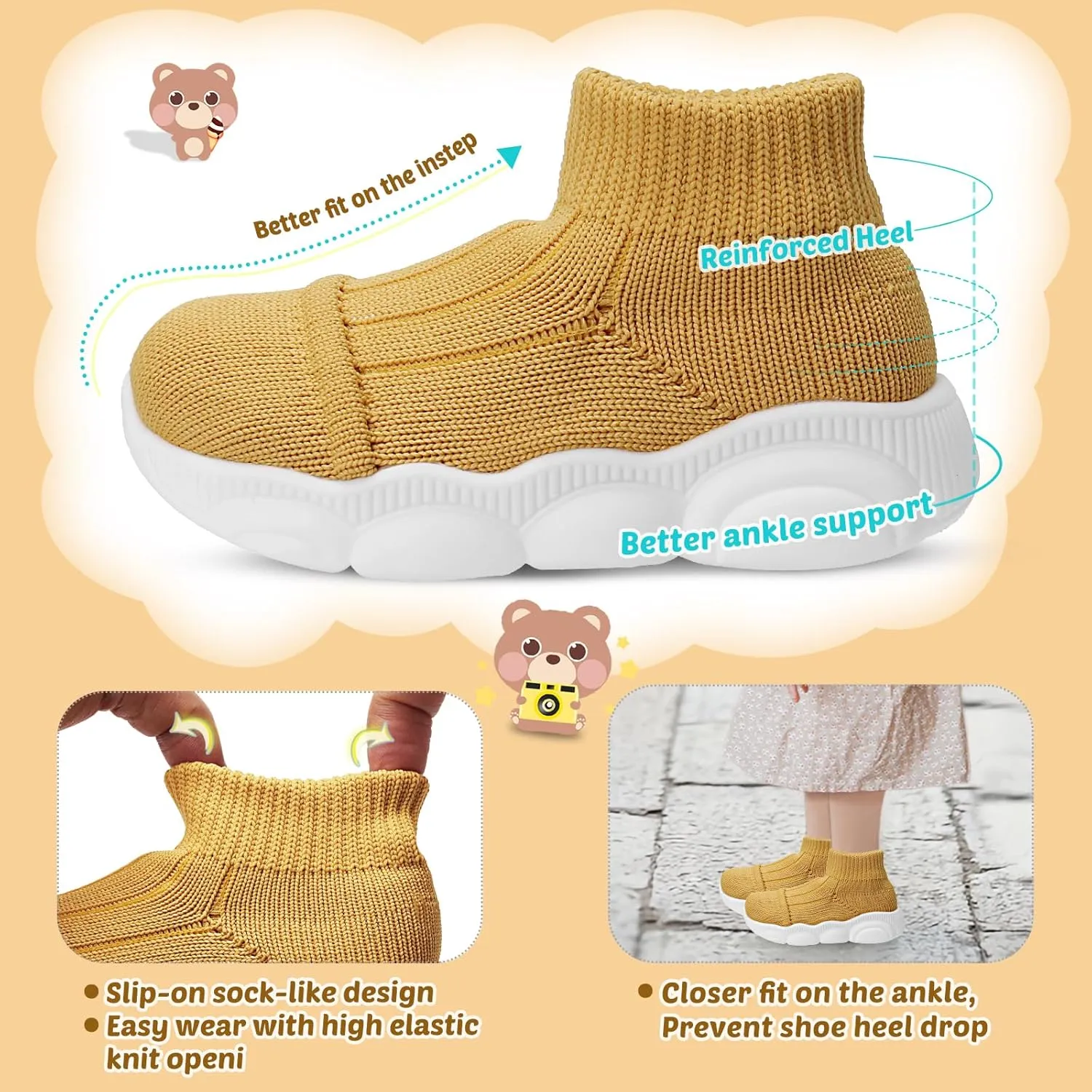 Toddler First Walking Safer Non-Slip Lightweight Wide Tennis Shoes Baby Slip on Breathable Sock Sneakers Infant Mesh Knitted Elastic Soft Sole Indoor Shoes 1-4 Years Boy Girls Outdoor Walkers Shoes