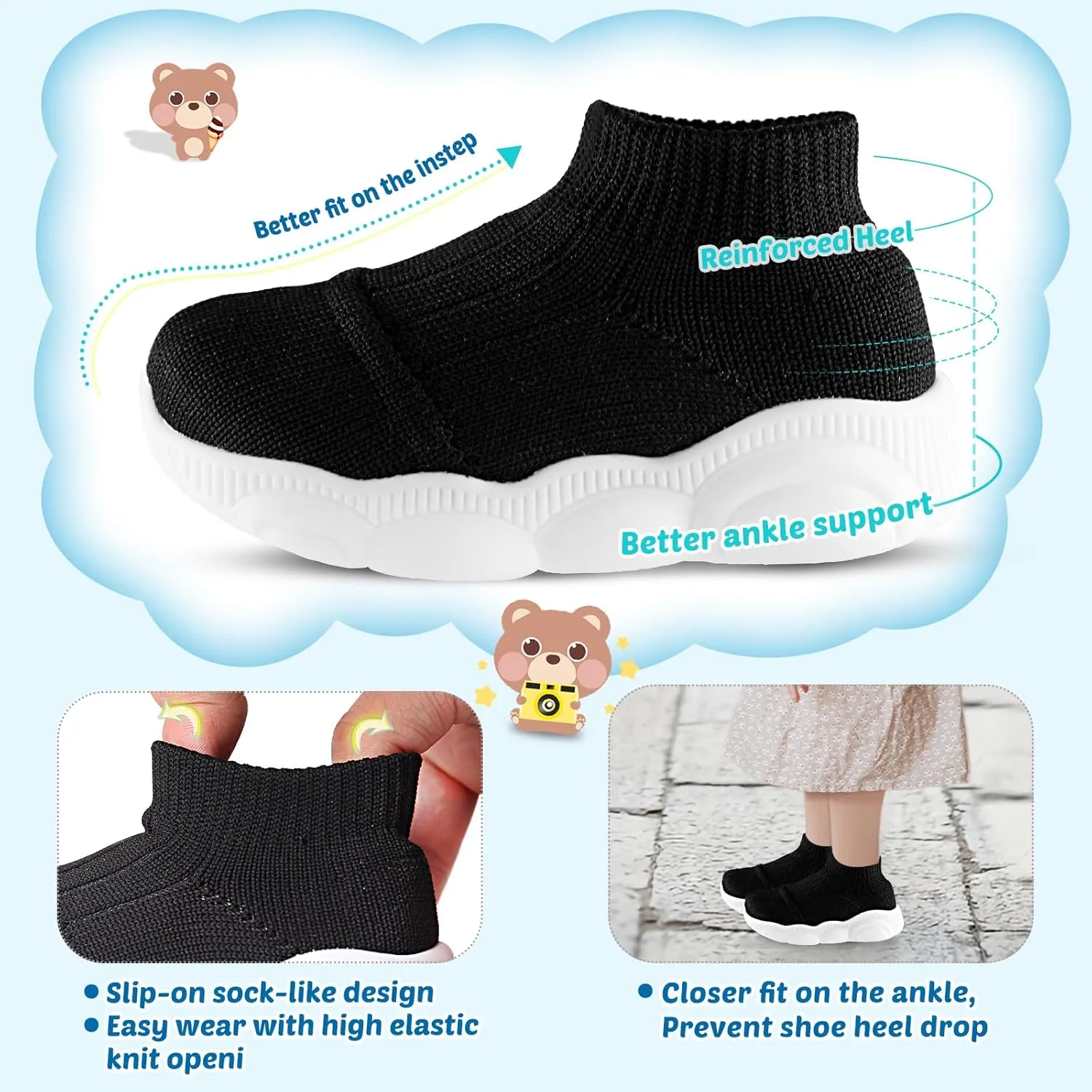 Toddler First Walking Safer Non-Slip Lightweight Wide Tennis Shoes Baby Slip on Breathable Sock Sneakers Infant Mesh Knitted Elastic Soft Sole Indoor Shoes 1-4 Years Boy Girls Outdoor Walkers Shoes