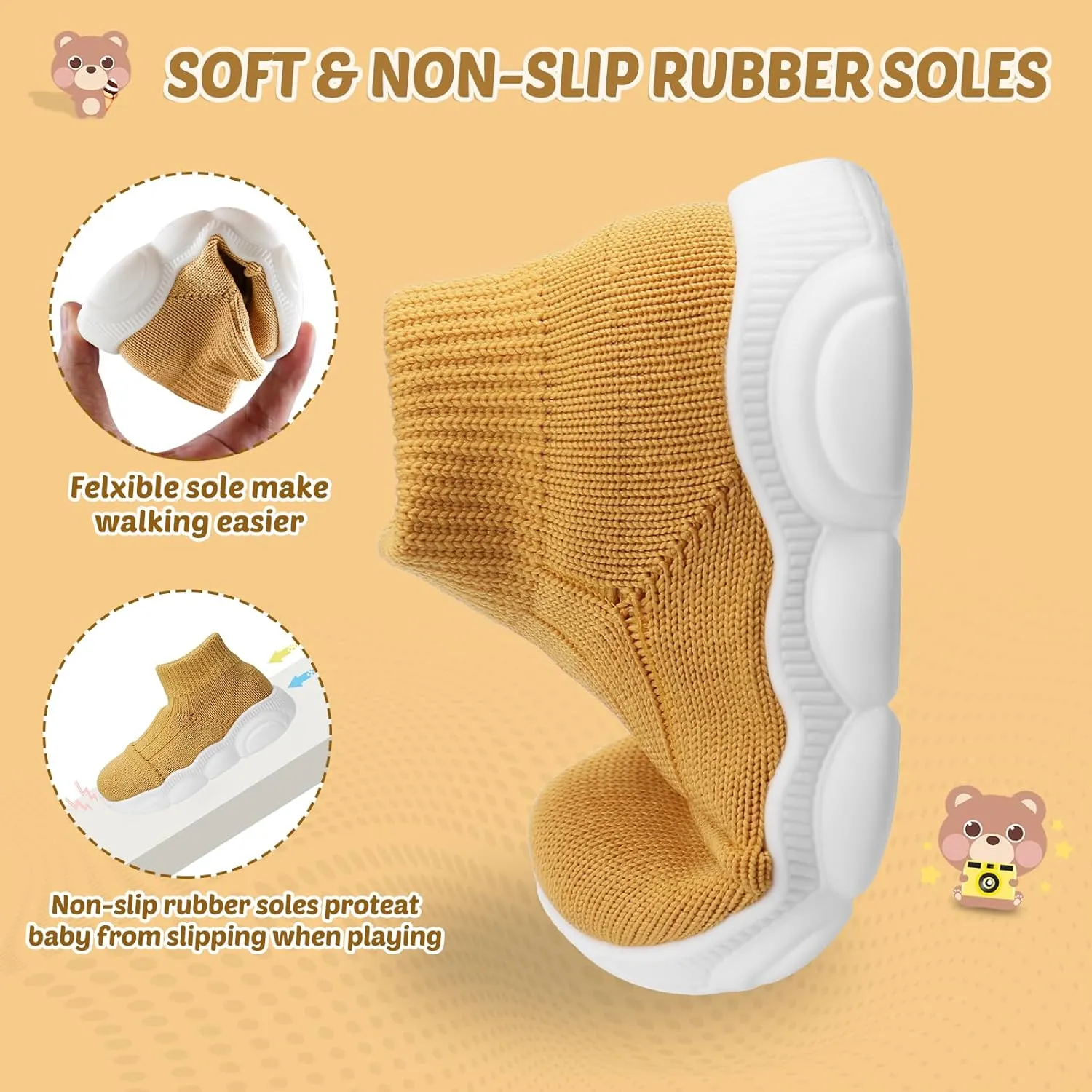 Toddler First Walking Safer Non-Slip Lightweight Wide Tennis Shoes Baby Slip on Breathable Sock Sneakers Infant Mesh Knitted Elastic Soft Sole Indoor Shoes 1-4 Years Boy Girls Outdoor Walkers Shoes