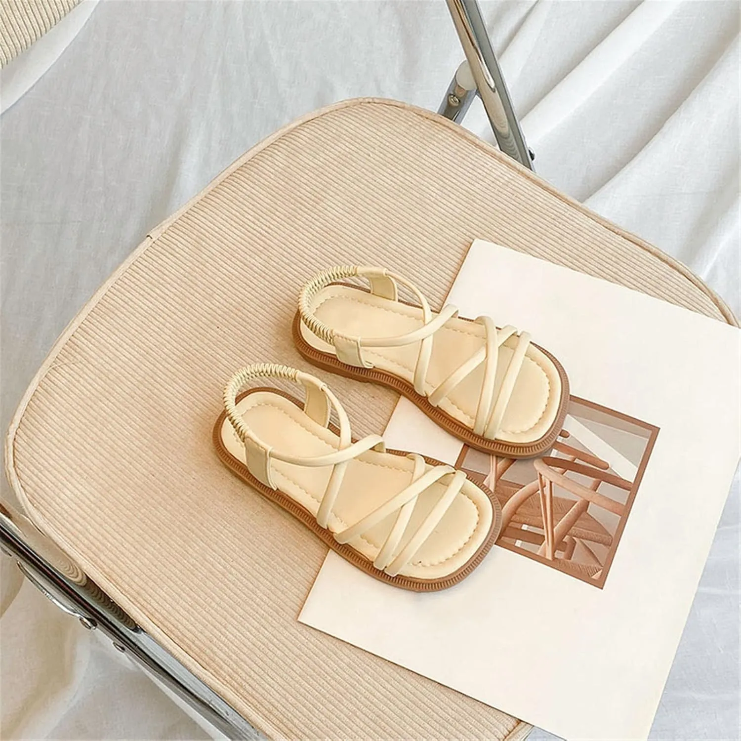 Toddler Girls Open Toe Sandals Elastic Ankle Strap Dress Shoes Beach Anti-Slip Strappy Soft Flat Sandal for Kids