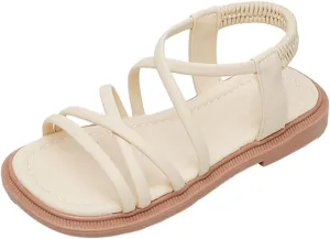 Toddler Girls Open Toe Sandals Elastic Ankle Strap Dress Shoes Beach Anti-Slip Strappy Soft Flat Sandal for Kids