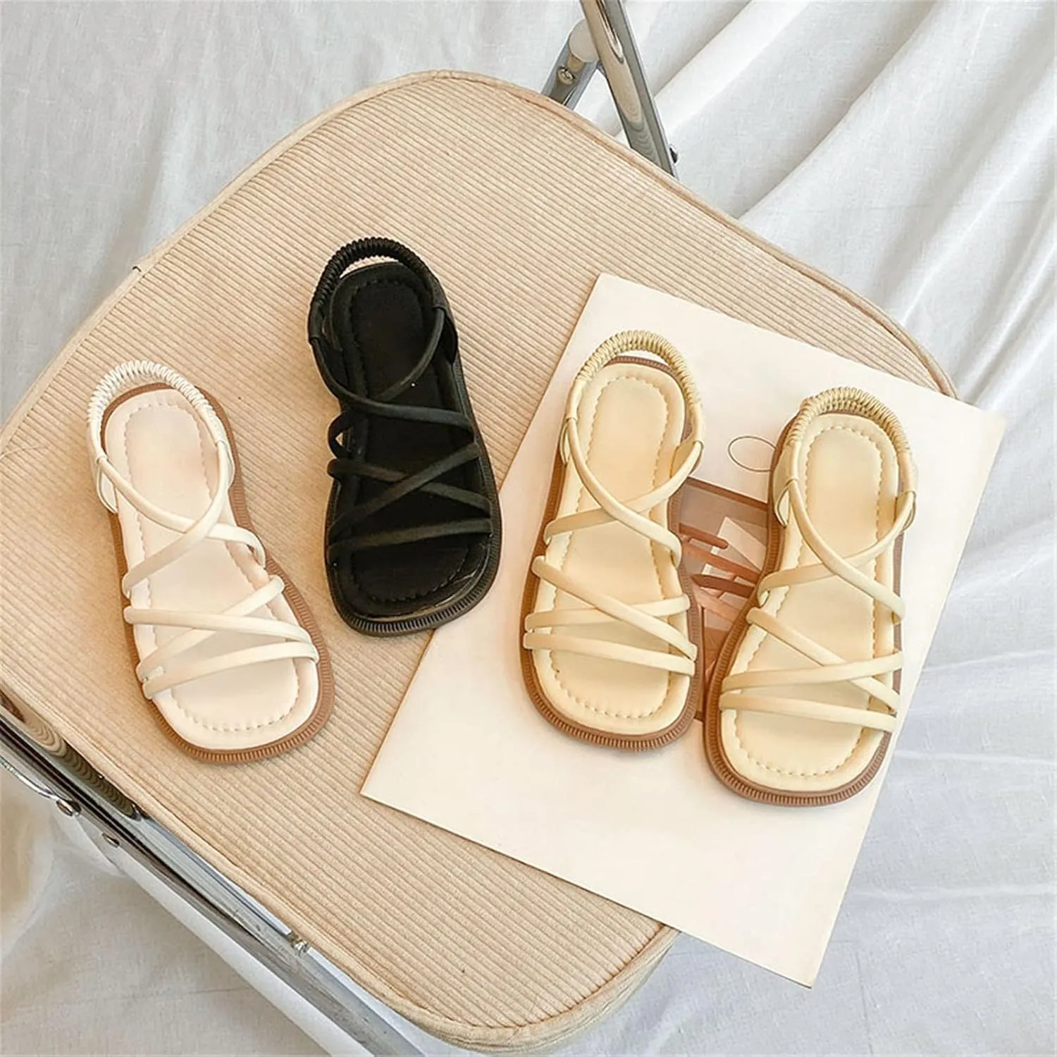 Toddler Girls Open Toe Sandals Elastic Ankle Strap Dress Shoes Beach Anti-Slip Strappy Soft Flat Sandal for Kids