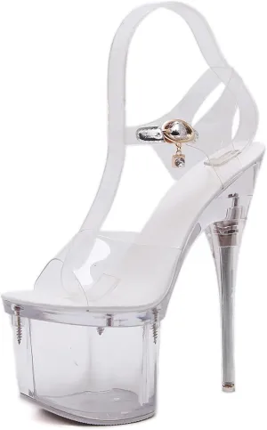 Transparent Glowing Sandals Stiletto Fish Mouth Metal Rhinestone Chain Buckle Platform High Heels Sexy Nightclub Glowing Sandals Catwalk Pole Dance Crystal Sole 17.5Cm Women's Sandals