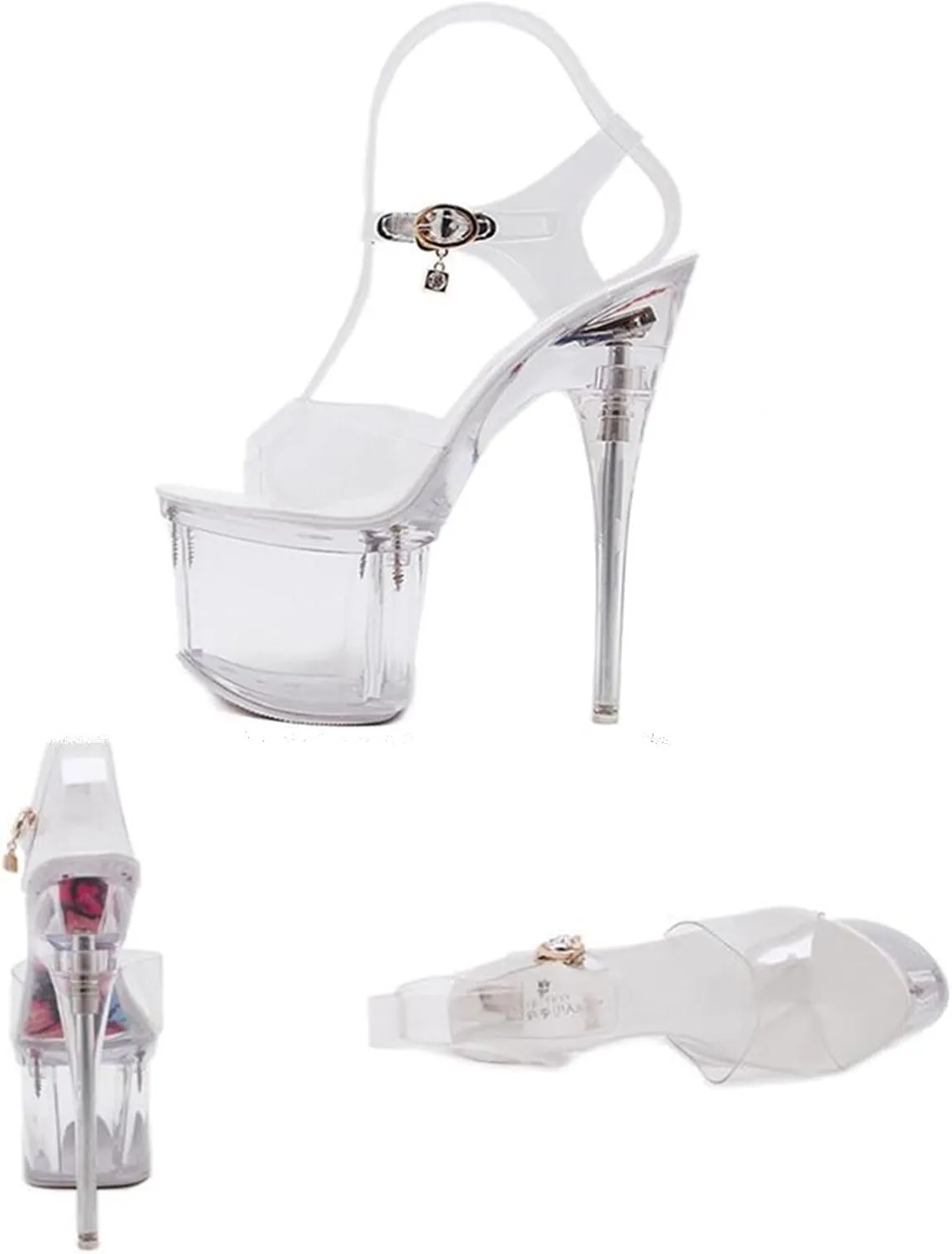 Transparent Glowing Sandals Stiletto Fish Mouth Metal Rhinestone Chain Buckle Platform High Heels Sexy Nightclub Glowing Sandals Catwalk Pole Dance Crystal Sole 17.5Cm Women's Sandals