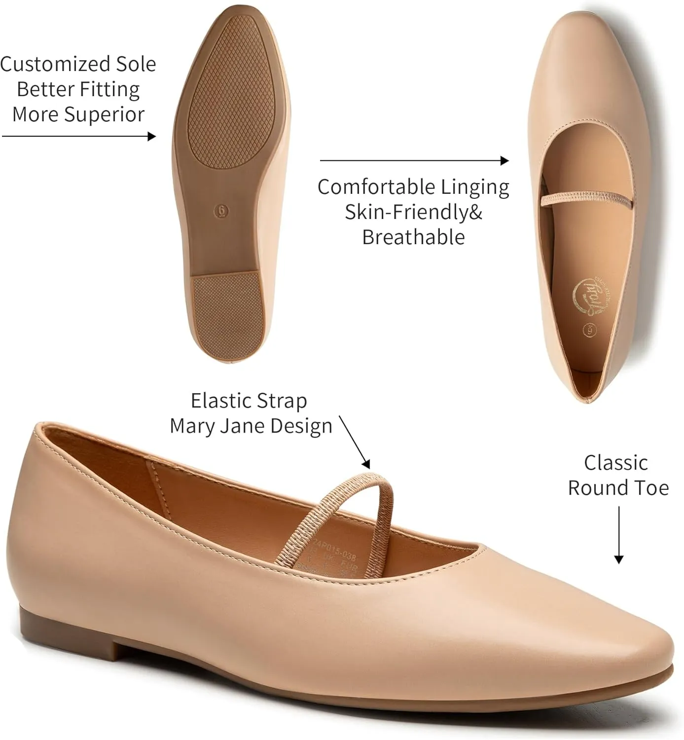 Trary Mary Jane Ballet Flats for Women - Comfortable Closed Toe Shoes With Strap