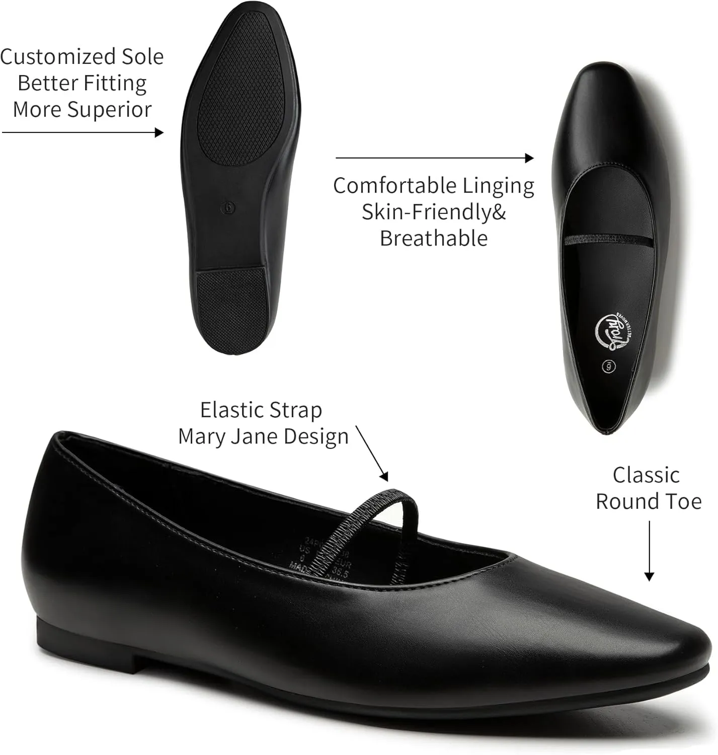 Trary Mary Jane Ballet Flats for Women - Comfortable Closed Toe Shoes With Strap