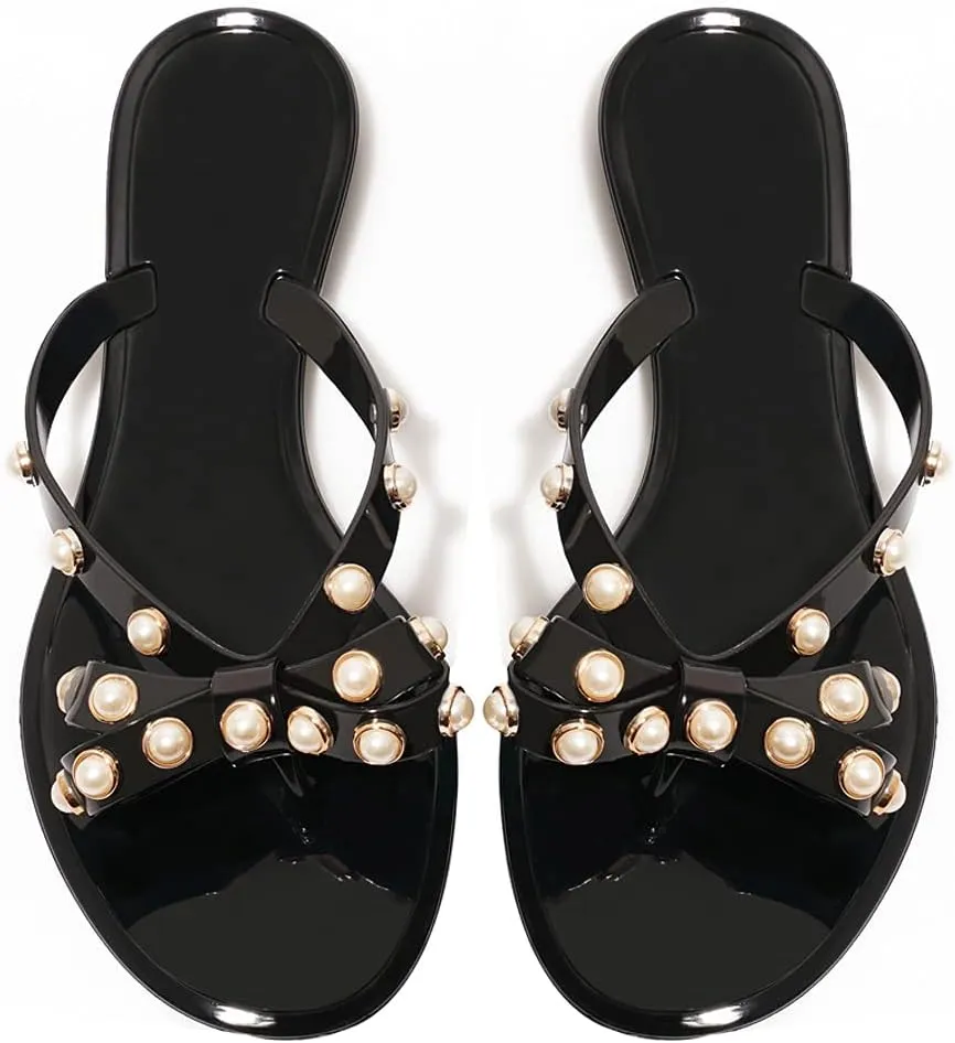 TYFLOVE Women Rivet Flip Flops Studded Jelly Thong Sandals with Bow Summer Bowtie Flat Beach Rain Shoes