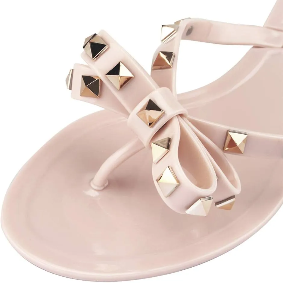 TYFLOVE Women Rivet Flip Flops Studded Jelly Thong Sandals with Bow Summer Bowtie Flat Beach Rain Shoes