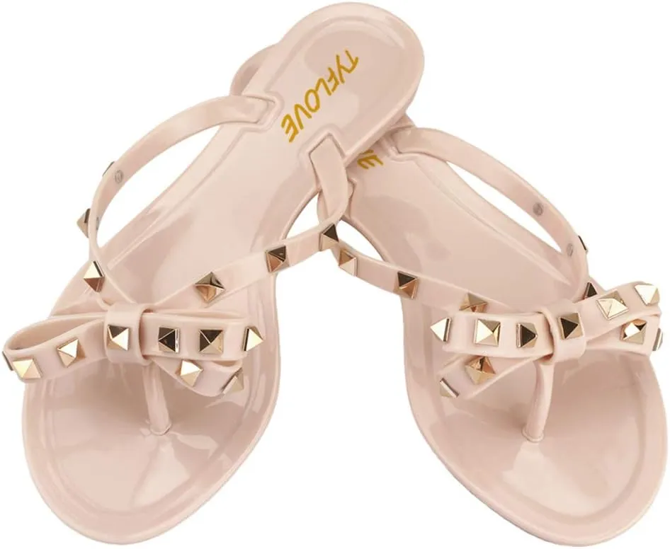 TYFLOVE Women Rivet Flip Flops Studded Jelly Thong Sandals with Bow Summer Bowtie Flat Beach Rain Shoes