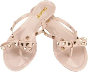 TYFLOVE Women Rivet Flip Flops Studded Jelly Thong Sandals with Bow Summer Bowtie Flat Beach Rain Shoes