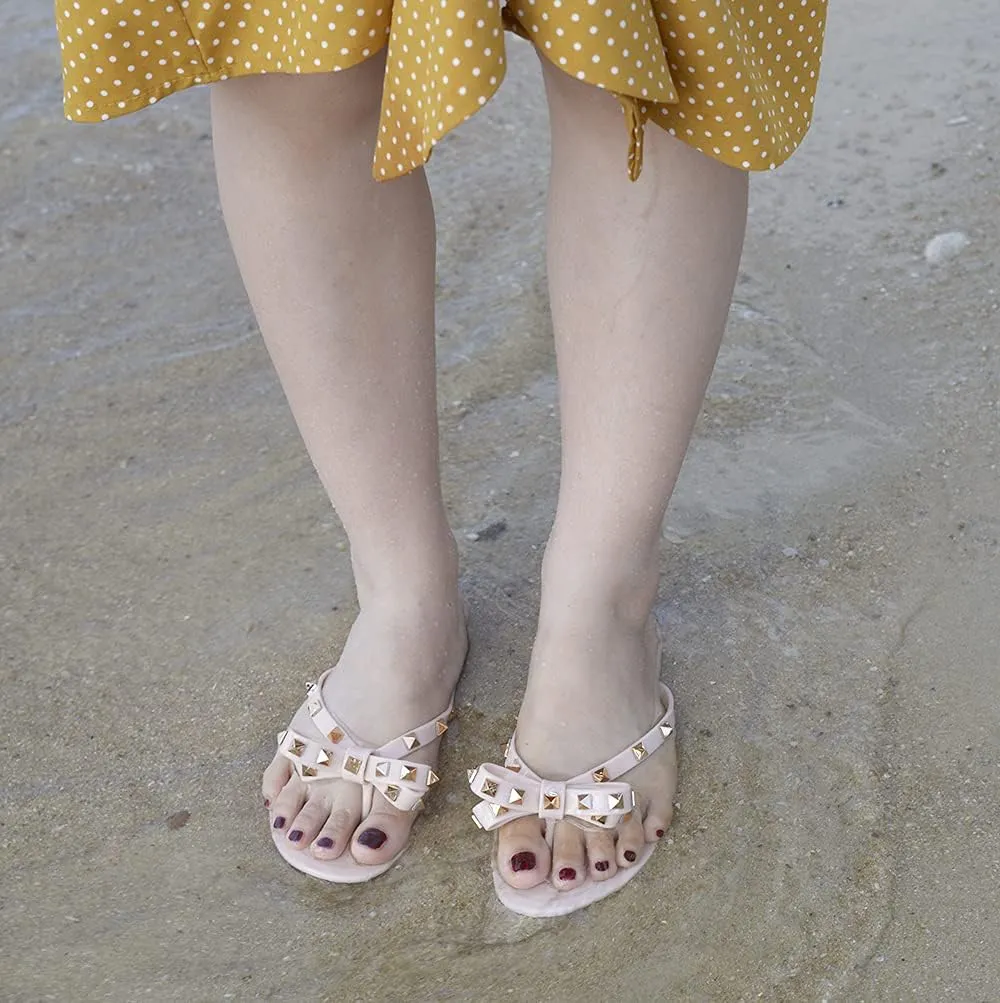 TYFLOVE Women Rivet Flip Flops Studded Jelly Thong Sandals with Bow Summer Bowtie Flat Beach Rain Shoes