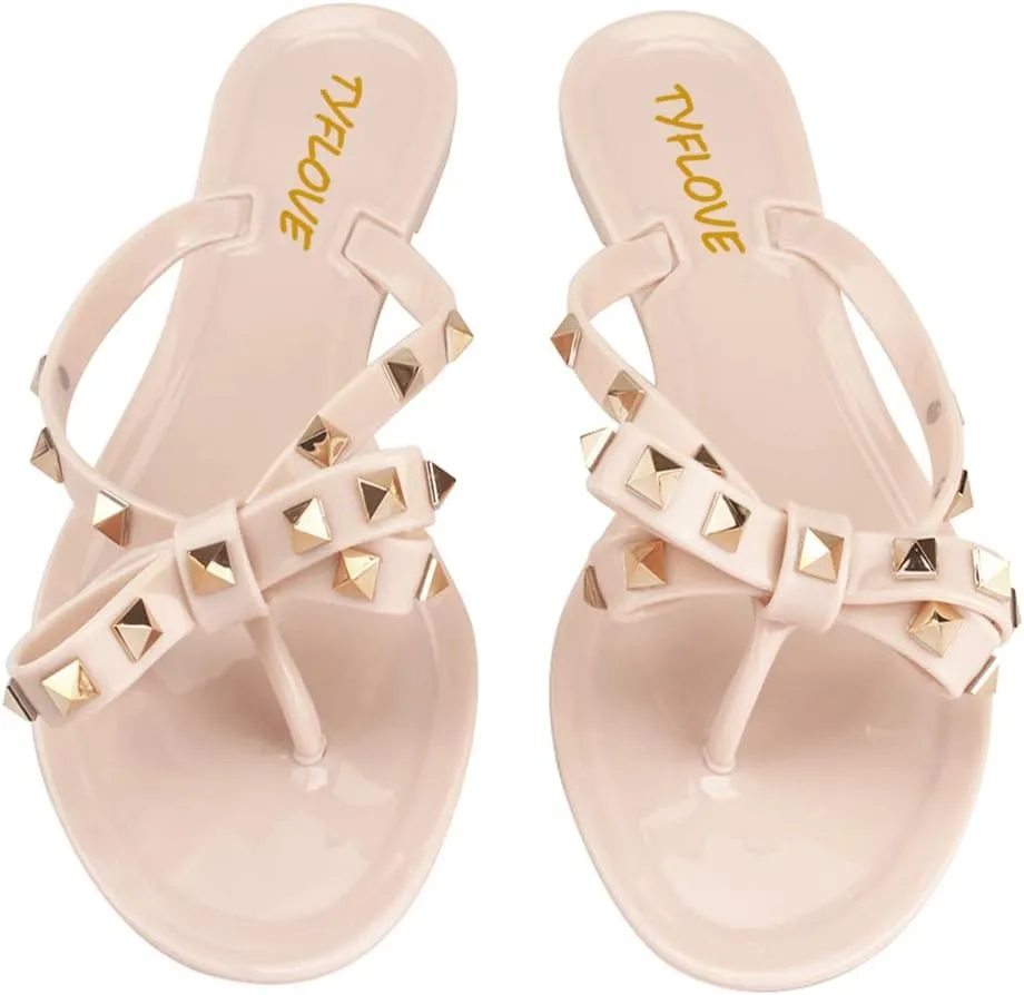 TYFLOVE Women Rivet Flip Flops Studded Jelly Thong Sandals with Bow Summer Bowtie Flat Beach Rain Shoes