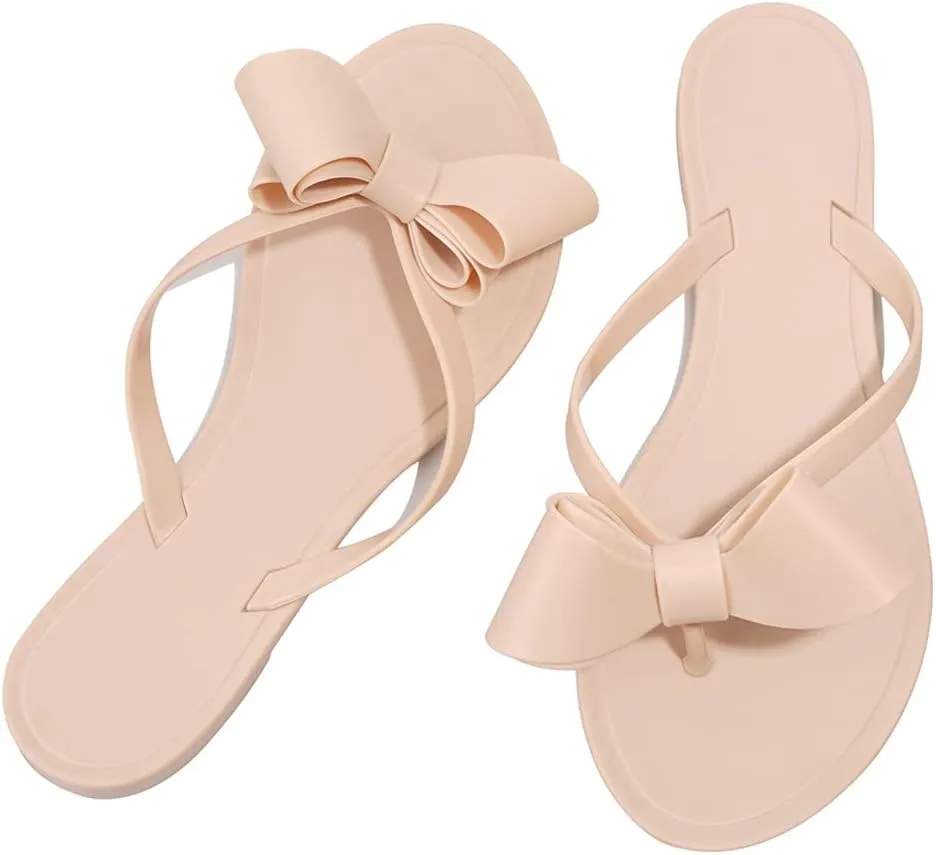 TYFLOVE Women Rivet Flip Flops Studded Jelly Thong Sandals with Bow Summer Bowtie Flat Beach Rain Shoes