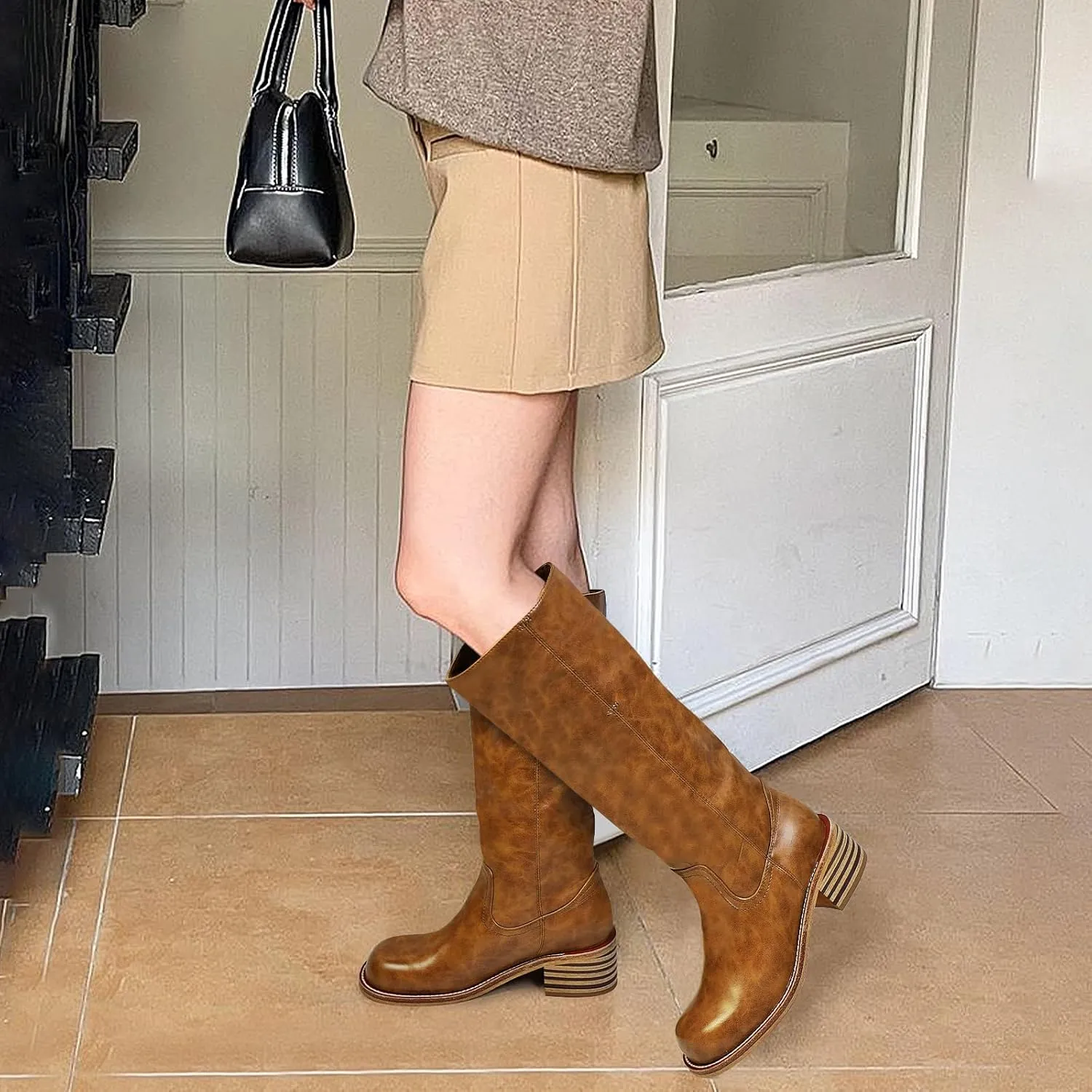 UBWDU Women's Knee High Boots Chunky Block Heel Long Boots Square Toe Low Heel Boots for Women