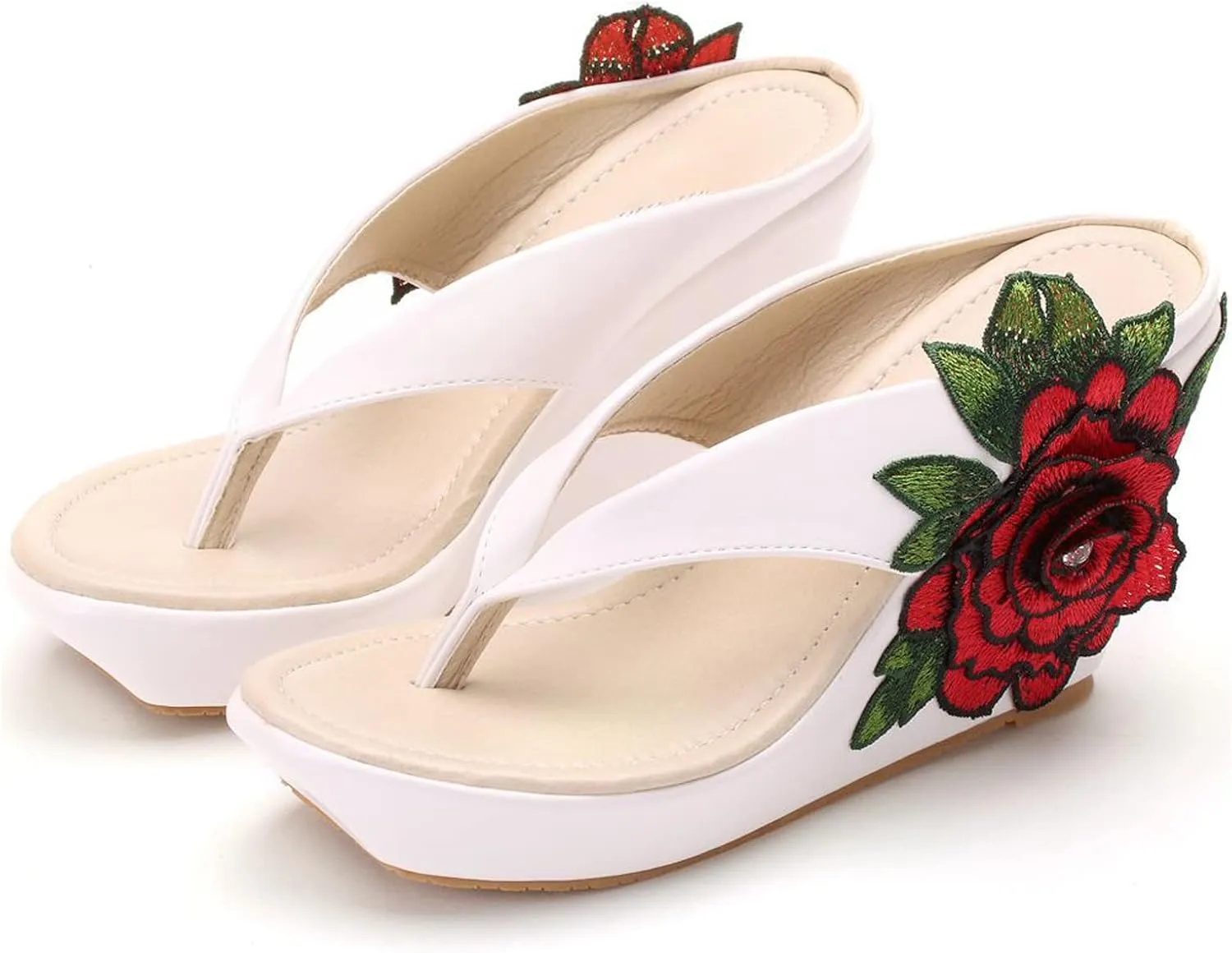 UGOSELEC Women Y2K Flower Platform Wedge Flip Flops,Bohemian Embroidered Flower Arch Support Heeled Flip Flops Beach Sandals Wedge Sandals