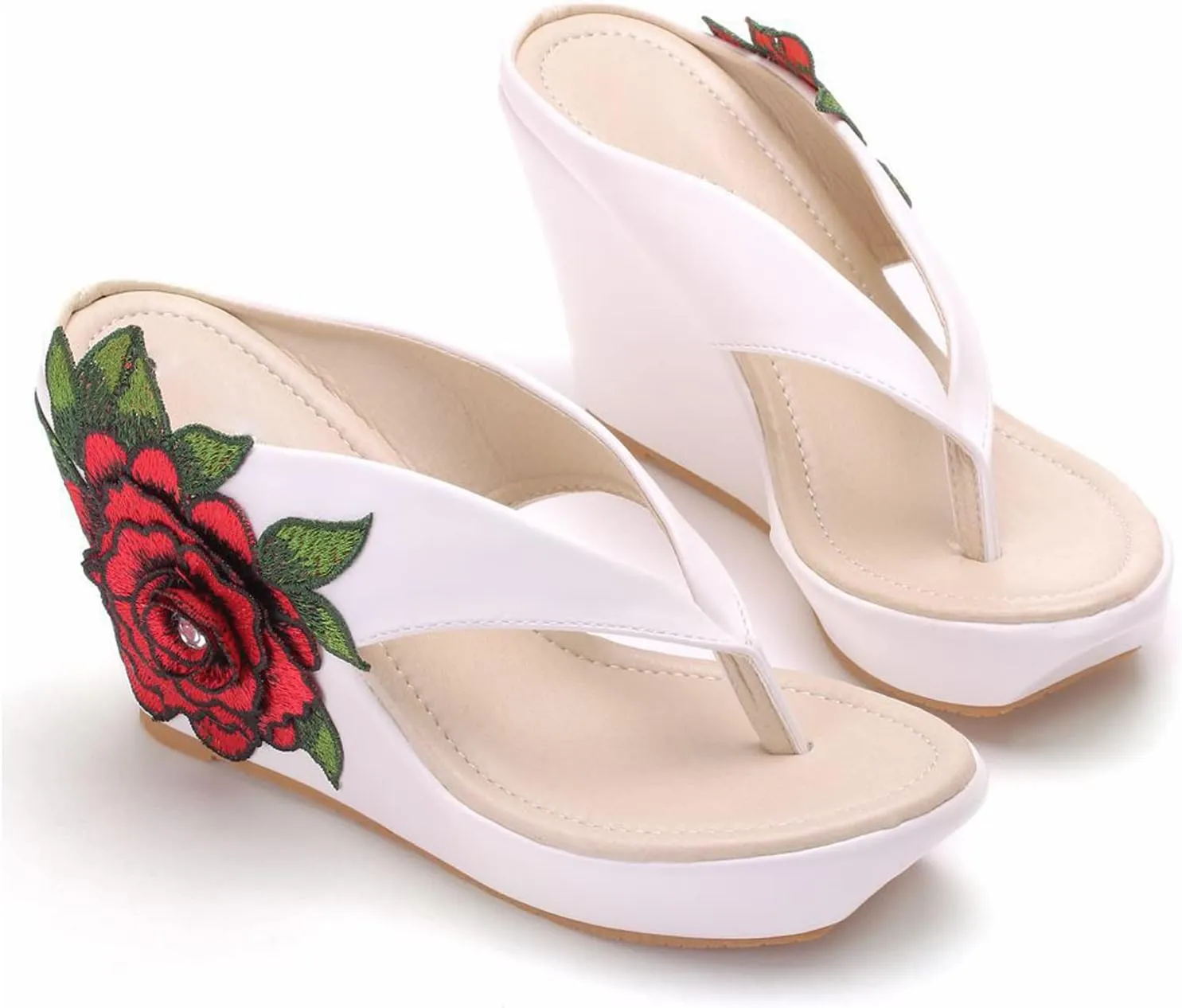 UGOSELEC Women Y2K Flower Platform Wedge Flip Flops,Bohemian Embroidered Flower Arch Support Heeled Flip Flops Beach Sandals Wedge Sandals