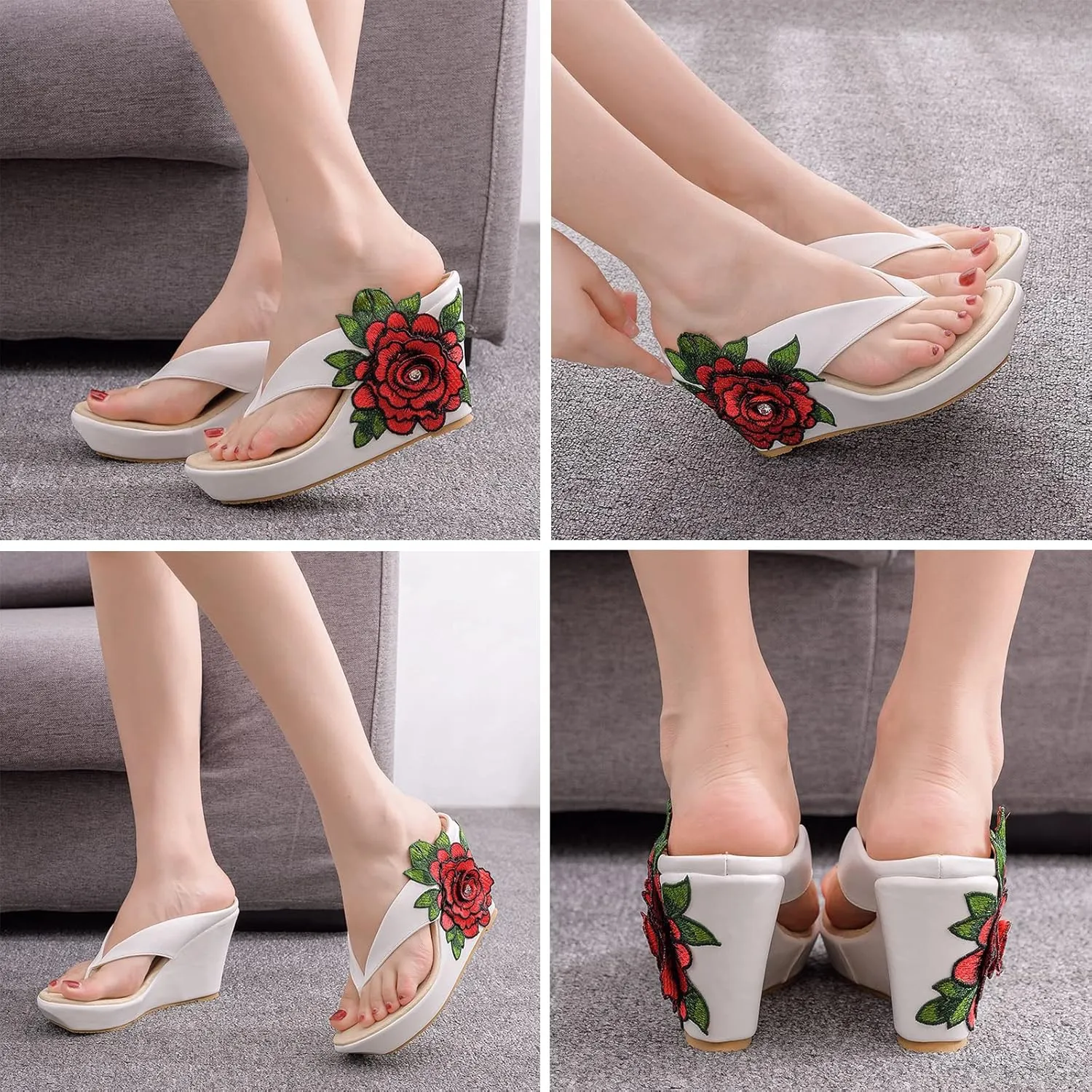 UGOSELEC Women Y2K Flower Platform Wedge Flip Flops,Bohemian Embroidered Flower Arch Support Heeled Flip Flops Beach Sandals Wedge Sandals