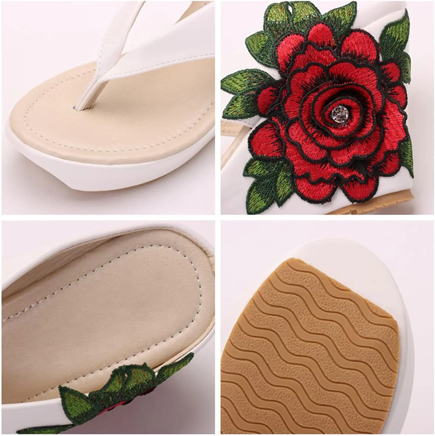 UGOSELEC Women Y2K Flower Platform Wedge Flip Flops,Bohemian Embroidered Flower Arch Support Heeled Flip Flops Beach Sandals Wedge Sandals
