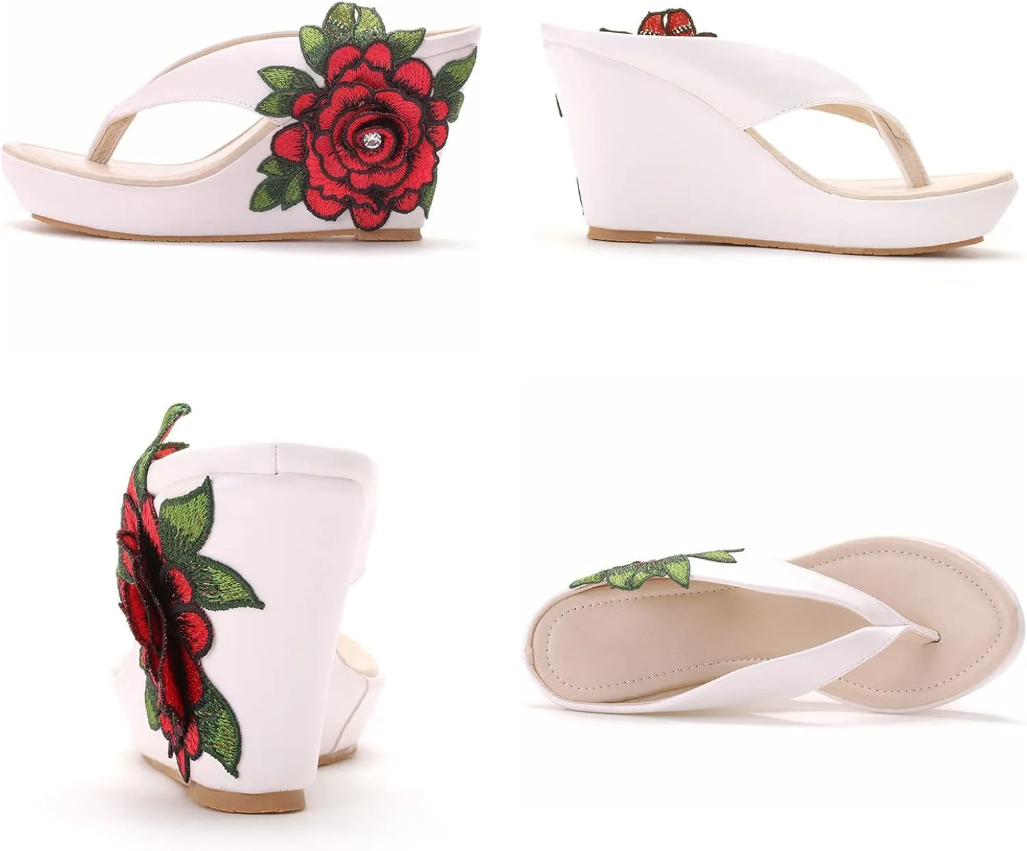 UGOSELEC Women Y2K Flower Platform Wedge Flip Flops,Bohemian Embroidered Flower Arch Support Heeled Flip Flops Beach Sandals Wedge Sandals