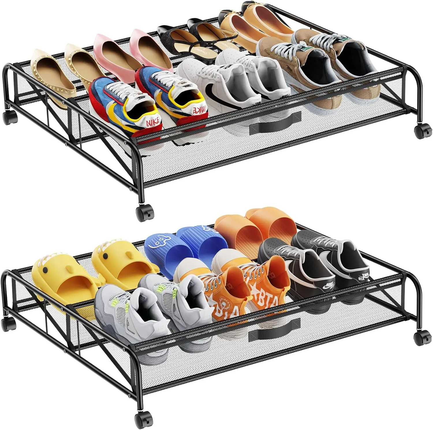 Under Bed Shoe Storage Organizer, 2 Pack Under Bed Storage Containers with Wheels for Under Bed Shoe Organizer Drawer Space Saving for Bedroom
