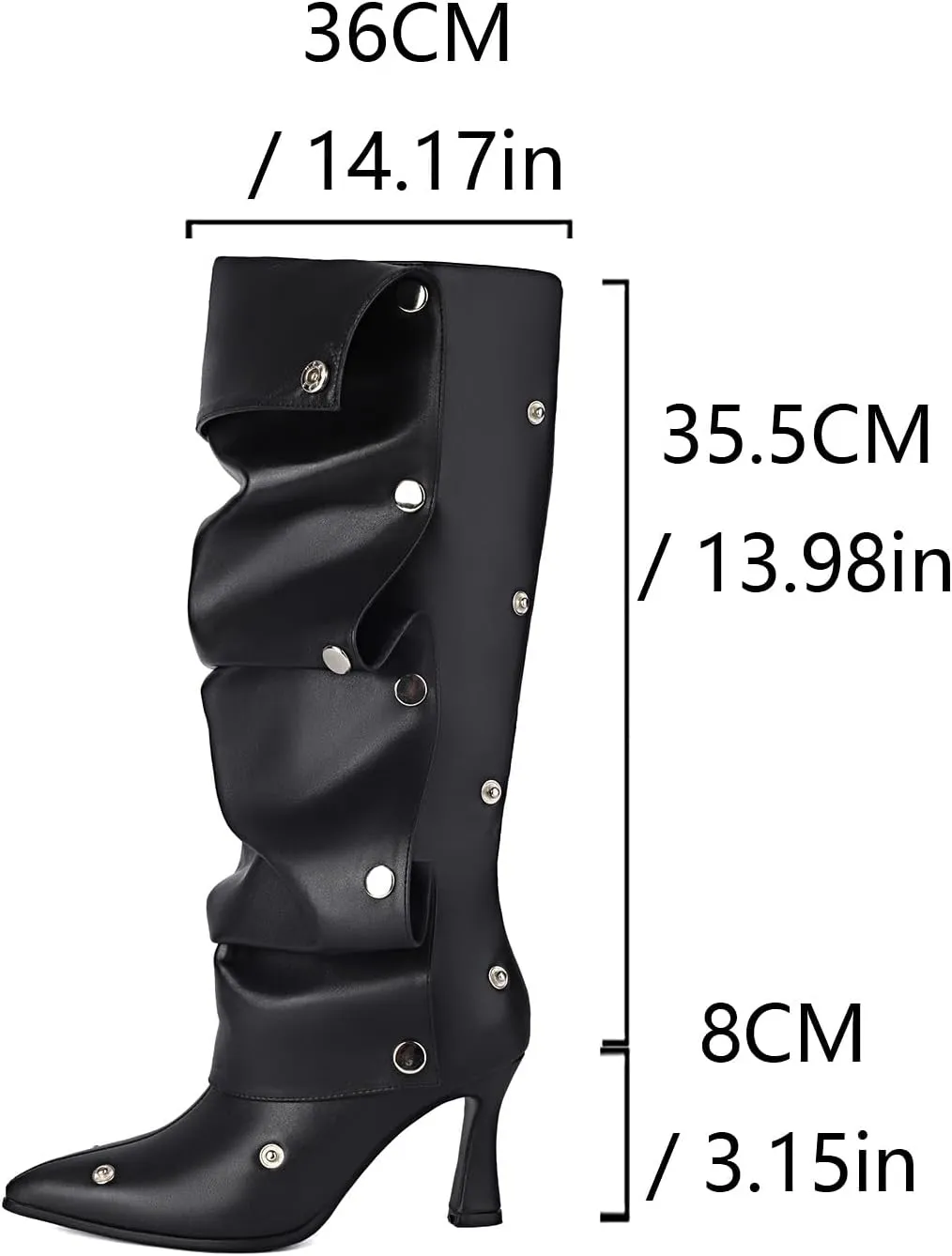 UniqueStride Women's Knee High Boots Fold Over Stiletto High Heels Pointed Toe Wide Calf Ruched Slouchy Button Boots