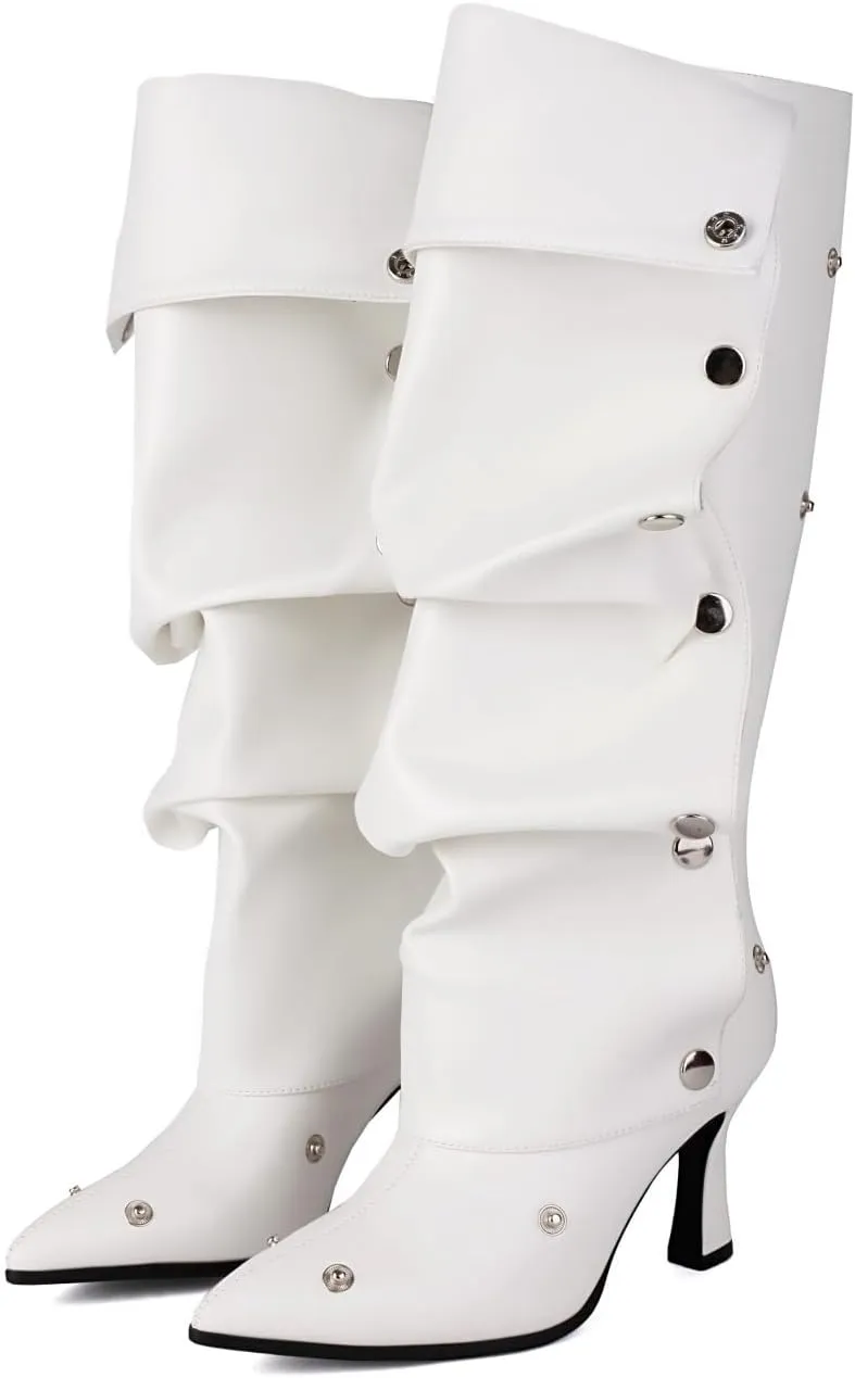 UniqueStride Women's Knee High Boots Fold Over Stiletto High Heels Pointed Toe Wide Calf Ruched Slouchy Button Boots