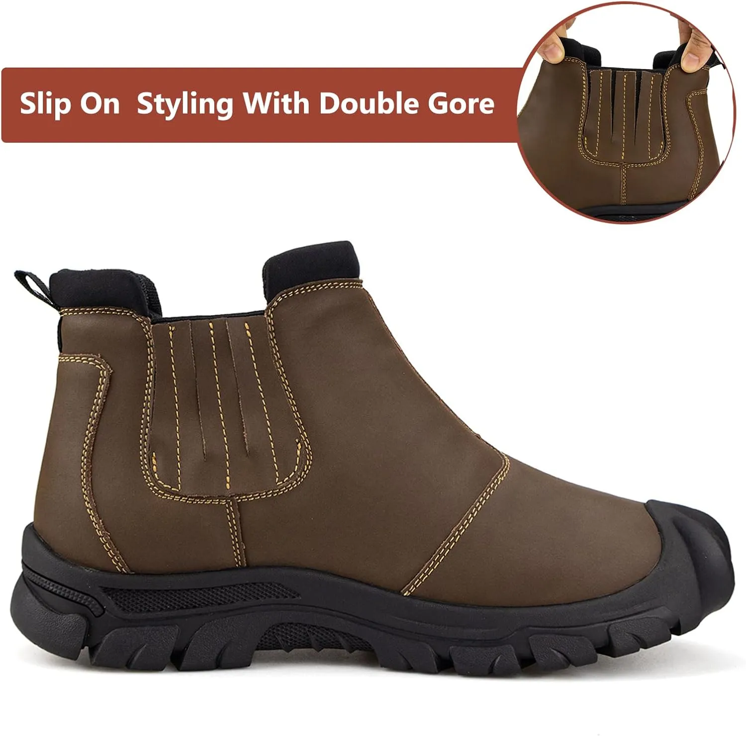 UPIShi Men's Waterproof Work Slip On Snow Boot Leather Outdoor Walking Hiking Casual Shoes