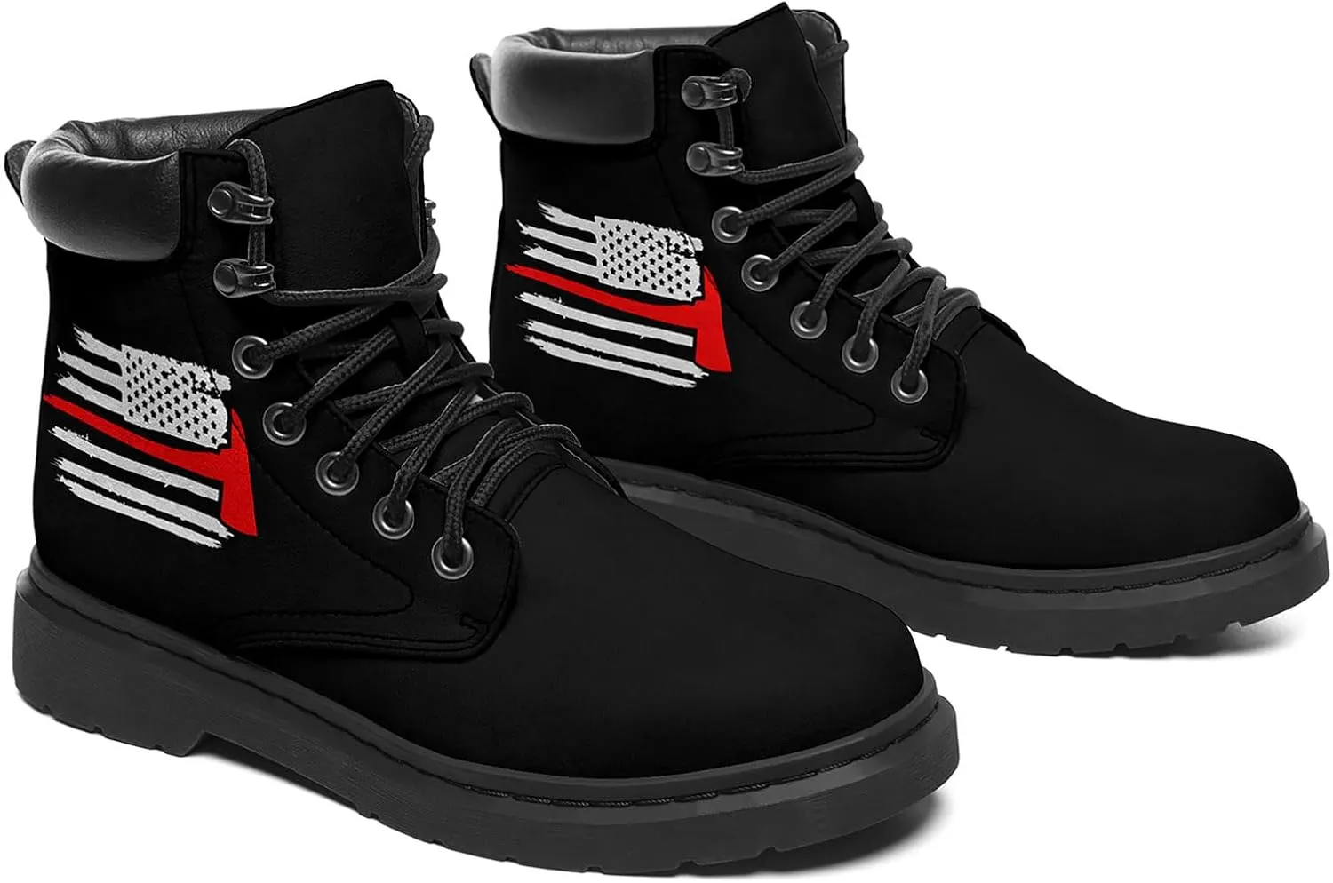 USA Flag American Patriotic Boots, Custom Bike Booties with Name, Stars Stripes Lace up Leather Ankle Combat Boot for Women Men