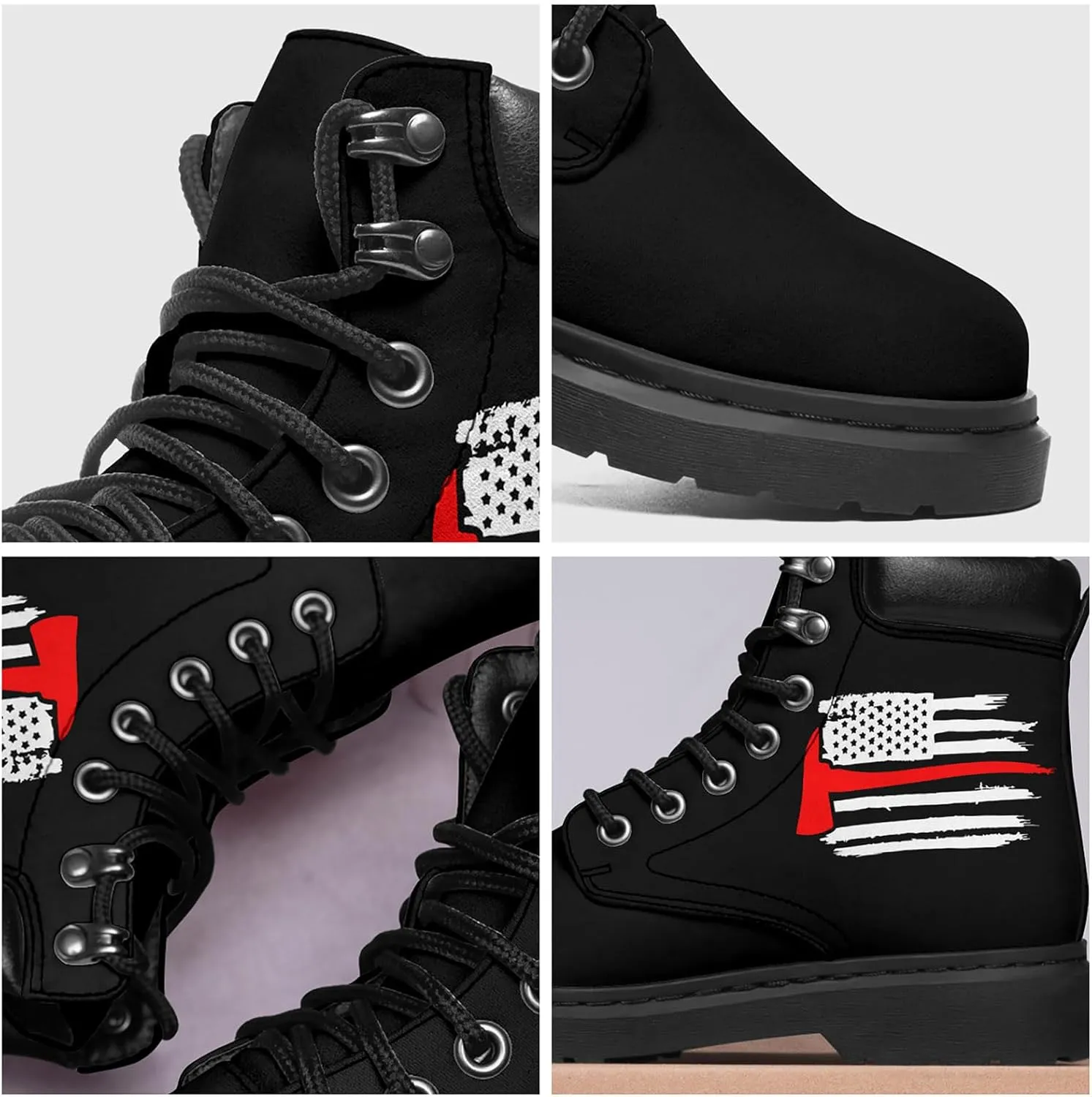 USA Flag American Patriotic Boots, Custom Bike Booties with Name, Stars Stripes Lace up Leather Ankle Combat Boot for Women Men