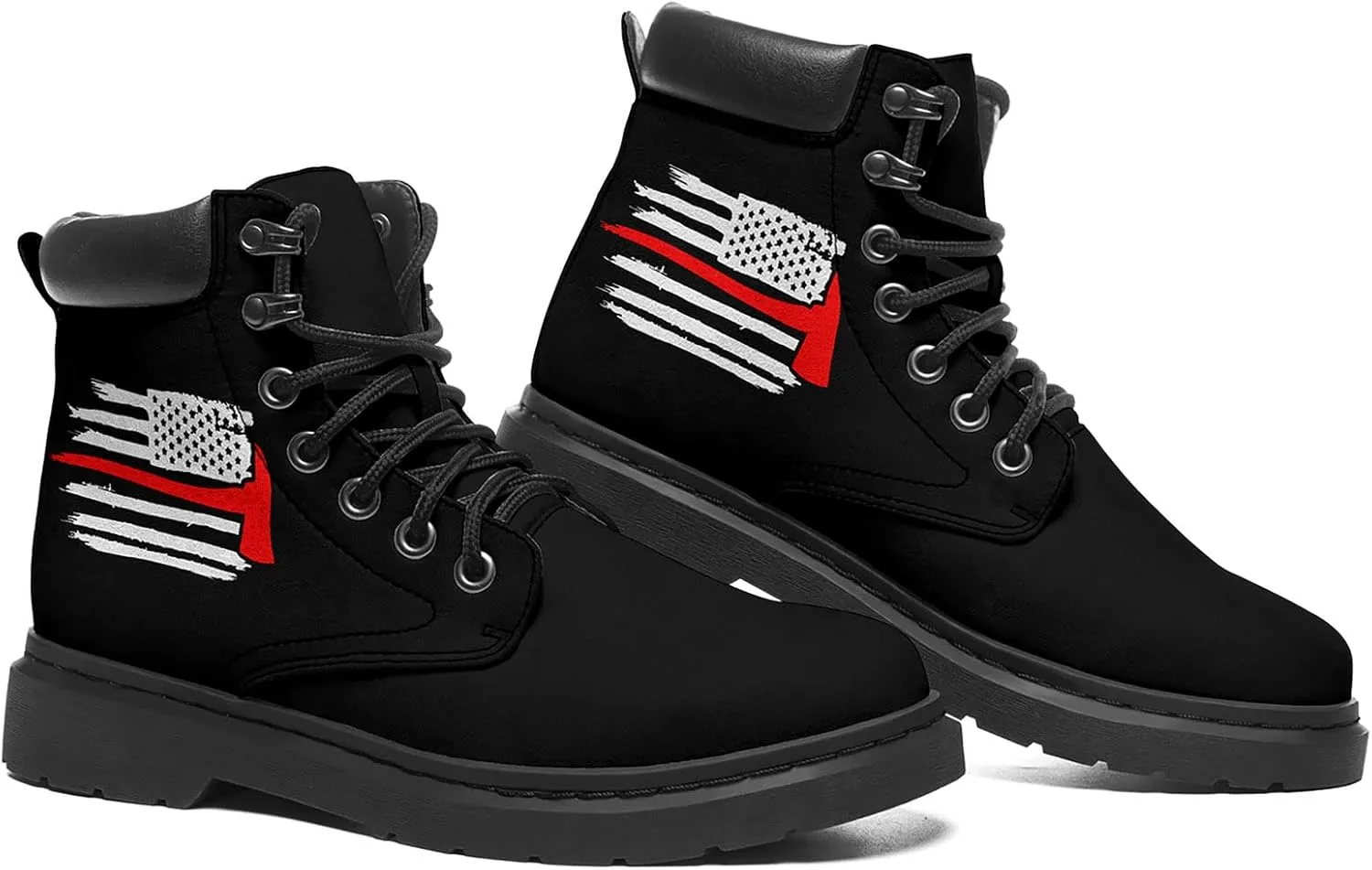 USA Flag American Patriotic Boots, Custom Bike Booties with Name, Stars Stripes Lace up Leather Ankle Combat Boot for Women Men