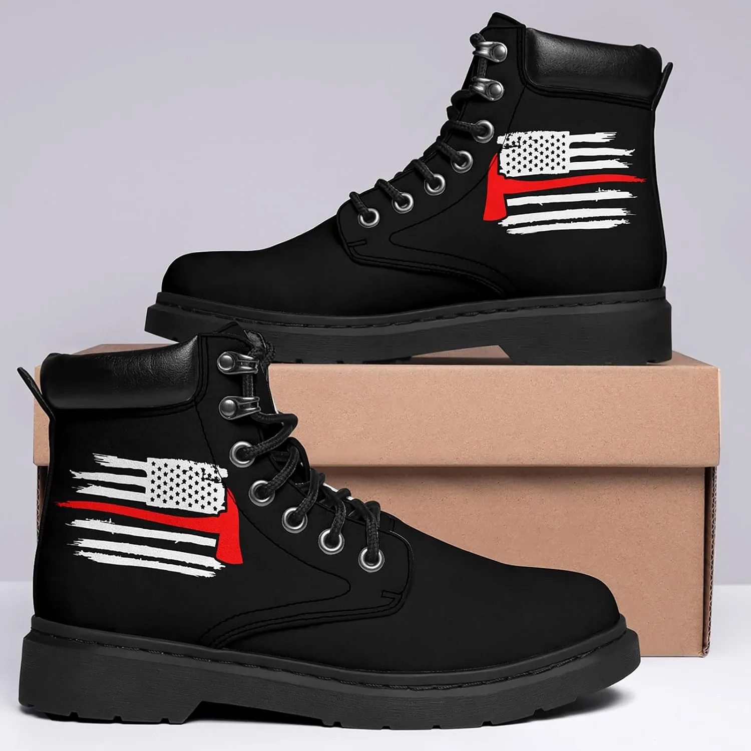 USA Flag American Patriotic Boots, Custom Bike Booties with Name, Stars Stripes Lace up Leather Ankle Combat Boot for Women Men