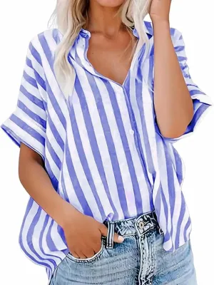 utcoco Womens Loose Casual Short Sleeve Button Down Shirt Striped Color Block Blouse Tops