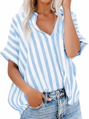 utcoco Womens Loose Casual Short Sleeve Button Down Shirt Striped Color Block Blouse Tops