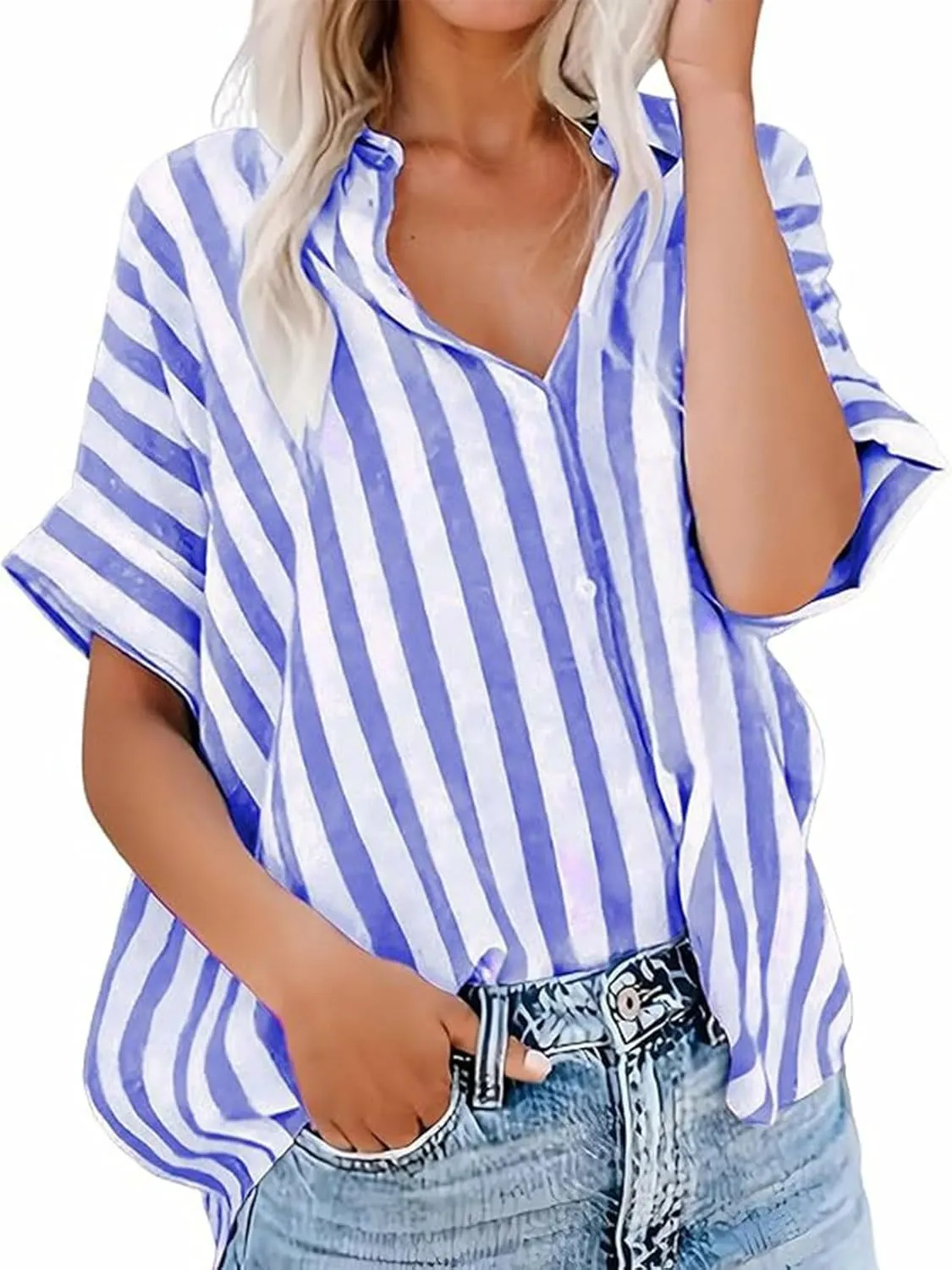 utcoco Womens Loose Casual Short Sleeve Button Down Shirt Striped Color Block Blouse Tops