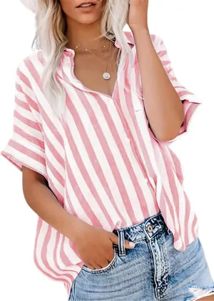 utcoco Womens Loose Casual Short Sleeve Button Down Shirt Striped Color Block Blouse Tops