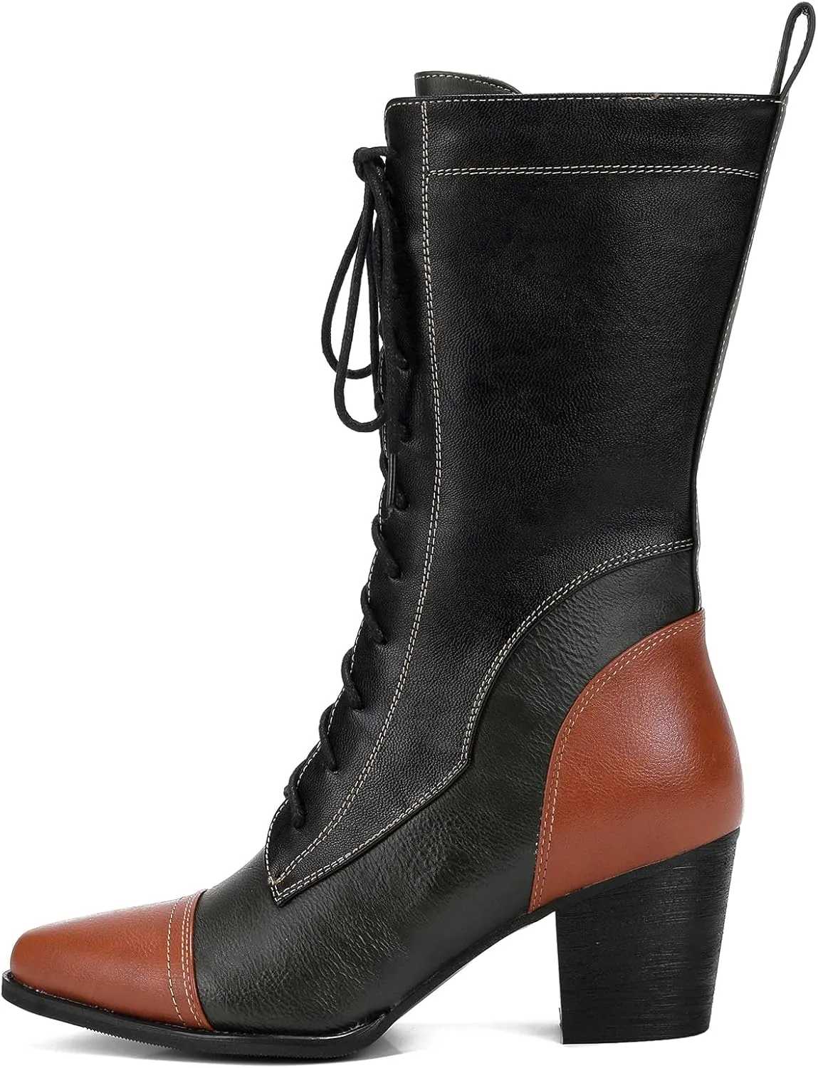 UTIKLIOU Women's Mid Calf Boots Lace up Combat Boots Leather Side Zipper Winter Boots Faux Fur Lining