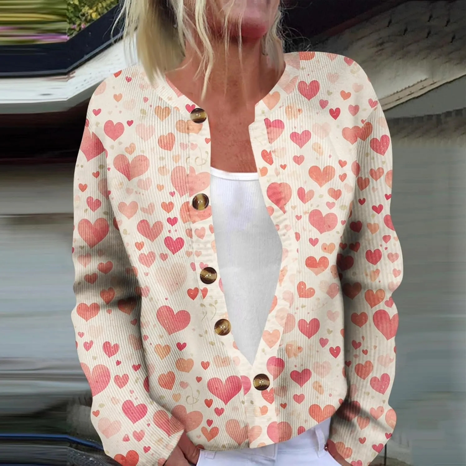 Valentines Cardigan for Women 2025 Lightweight Plus Size Cute Heart Print Long Sleeve Button Open Front Knit Sweater
