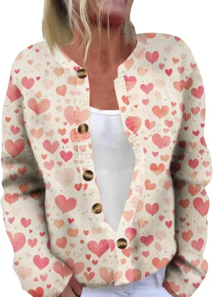 Valentines Cardigan for Women 2025 Lightweight Plus Size Cute Heart Print Long Sleeve Button Open Front Knit Sweater