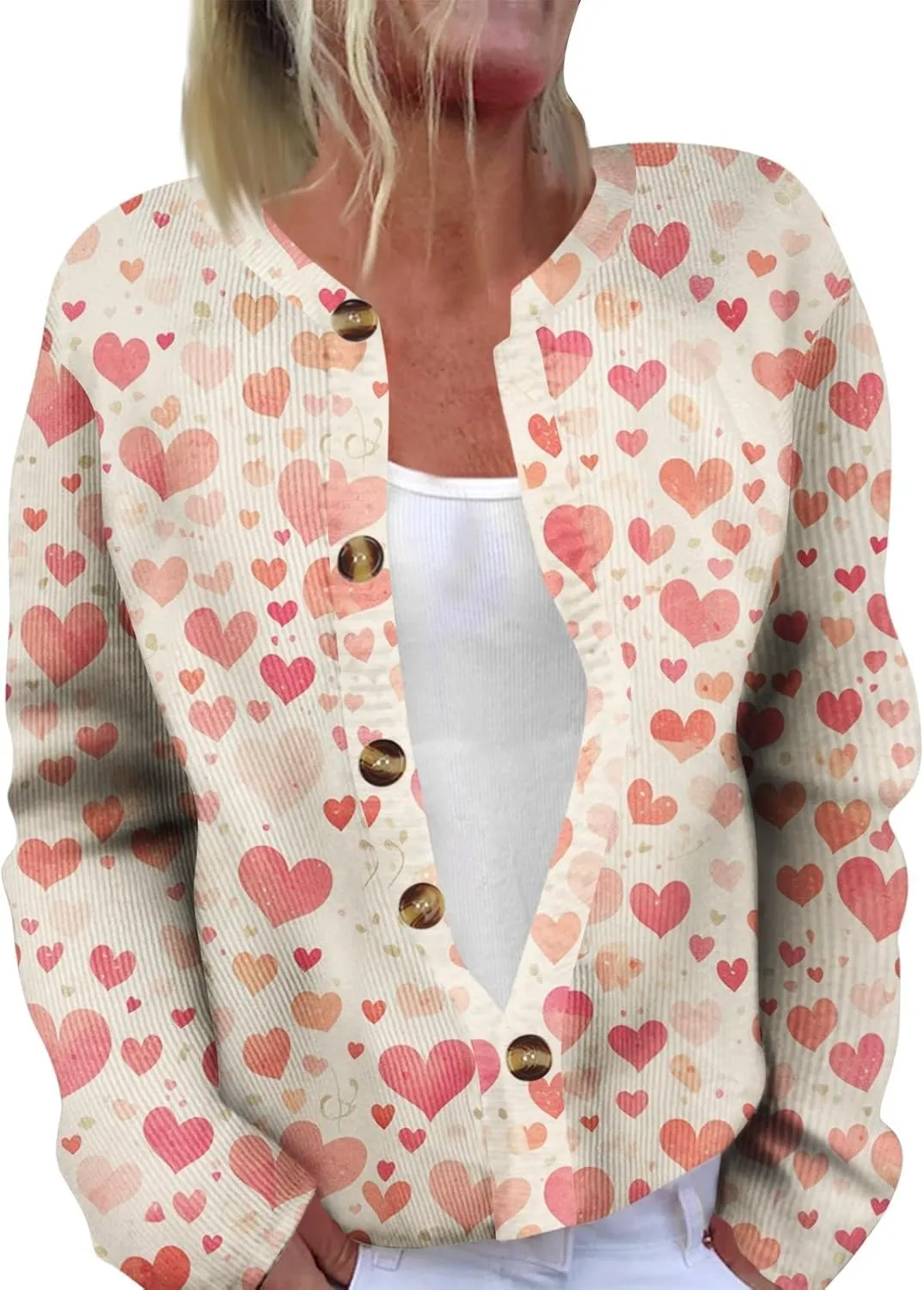 Valentines Cardigan for Women 2025 Lightweight Plus Size Cute Heart Print Long Sleeve Button Open Front Knit Sweater