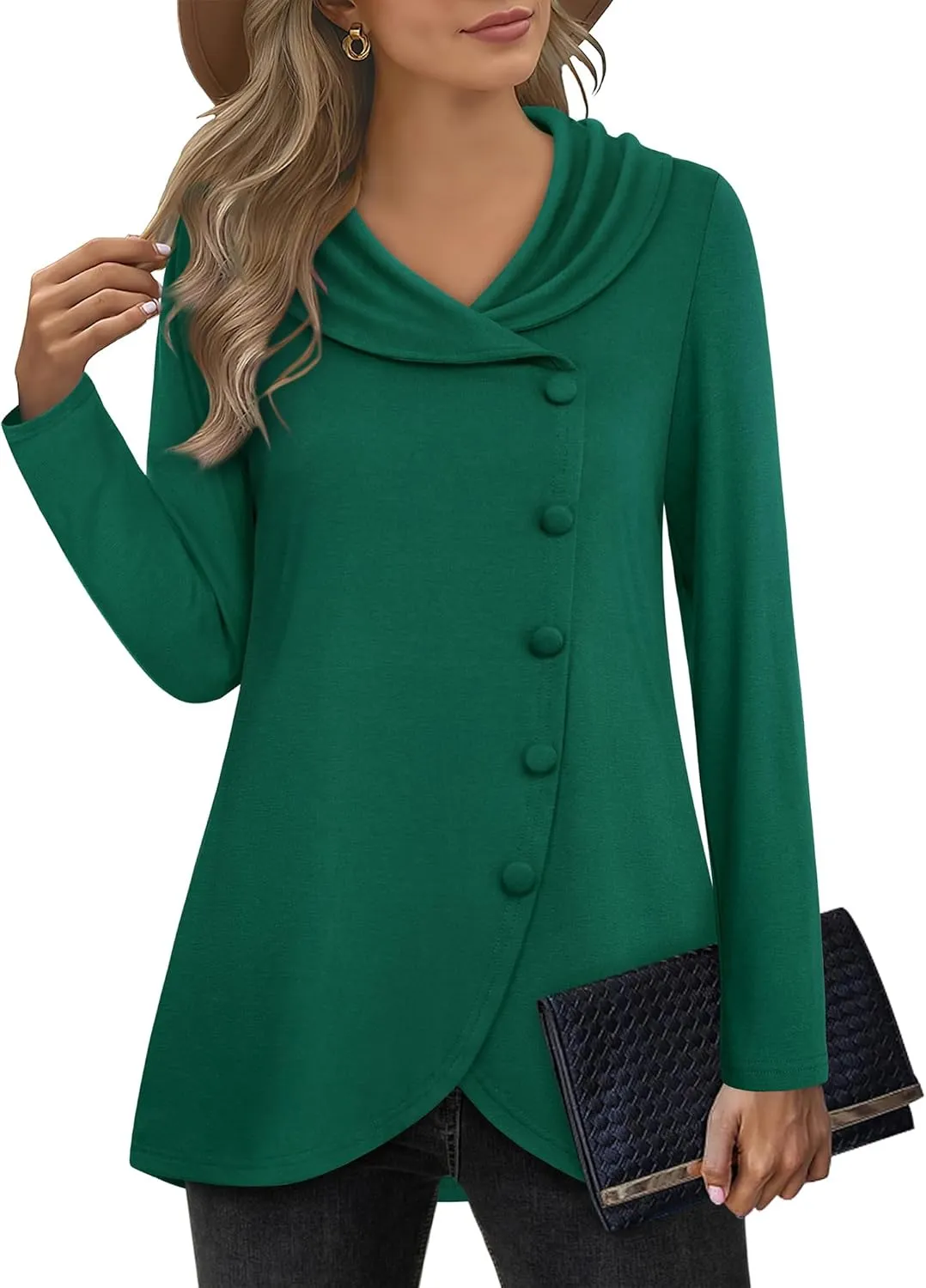 VALOLIA Womens Long Sleeve Tops Fall Winter Buttons Side Tulip Hem Lapel Pullover Sweatshirt