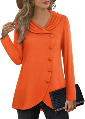 VALOLIA Womens Long Sleeve Tops Fall Winter Buttons Side Tulip Hem Lapel Pullover Sweatshirt