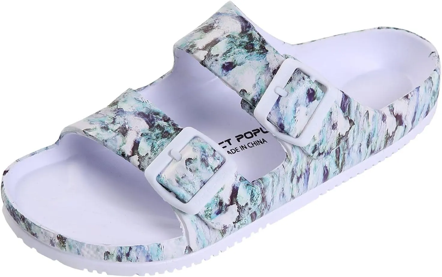 VICT POPU Womens Sandals Adjustable Double Buckle Strap Waterproof EVA Flat Slides