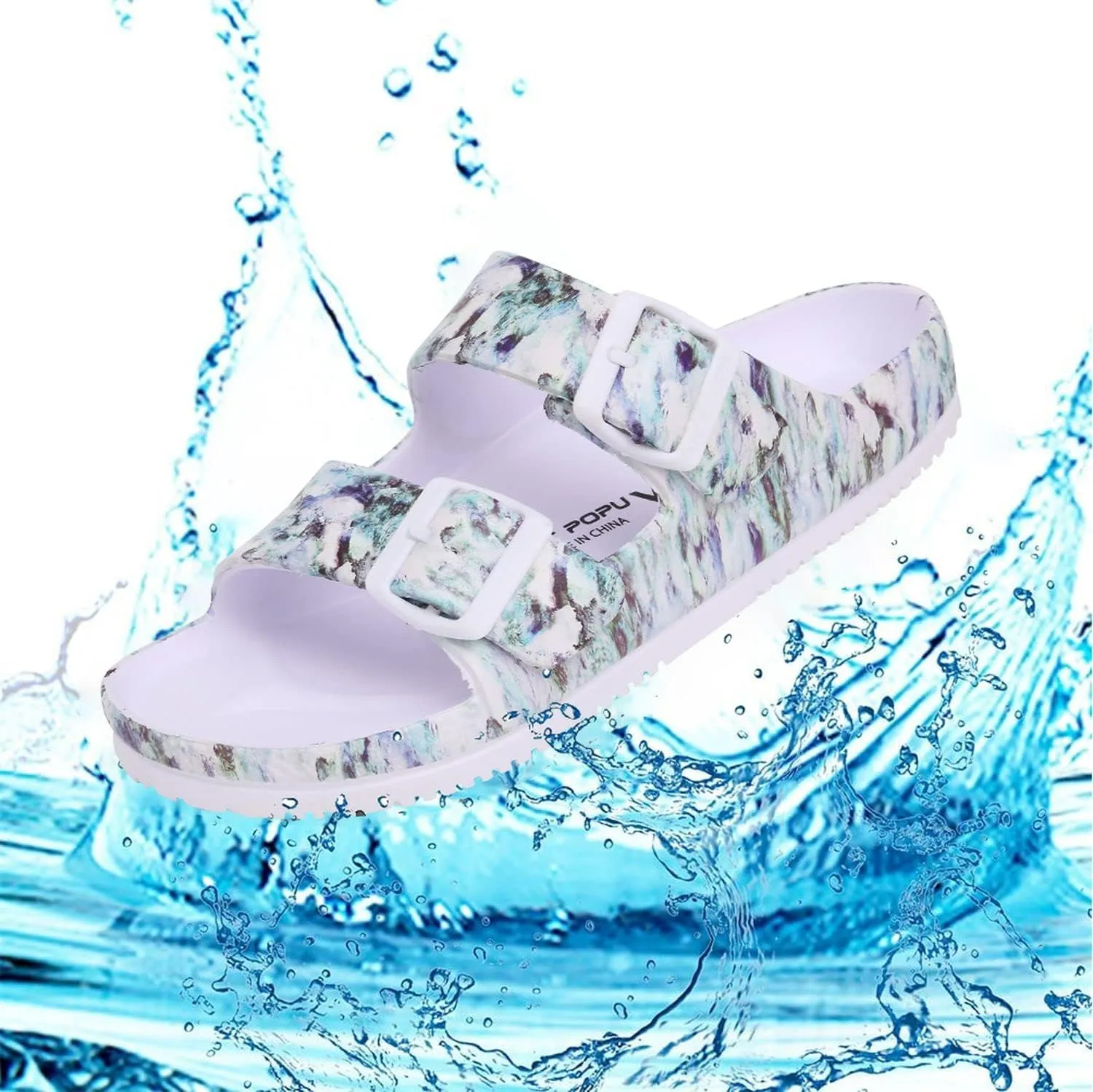 VICT POPU Womens Sandals Adjustable Double Buckle Strap Waterproof EVA Flat Slides